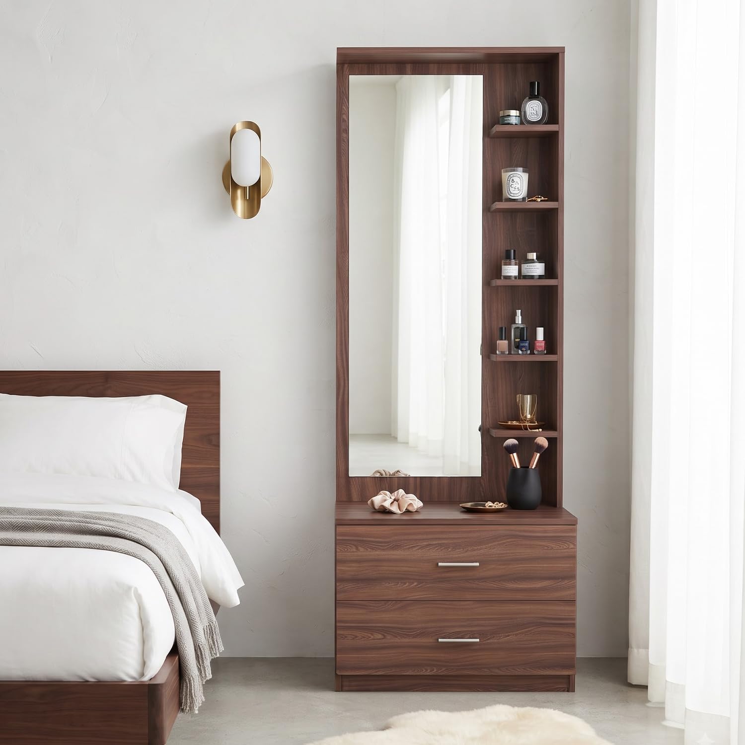 furniflix engineered wood dressing table with mirror and storage | engineered wood dressing table with 5 shelves & 2 drawer, vanity table for bedroom, living room, and home - walnut finish