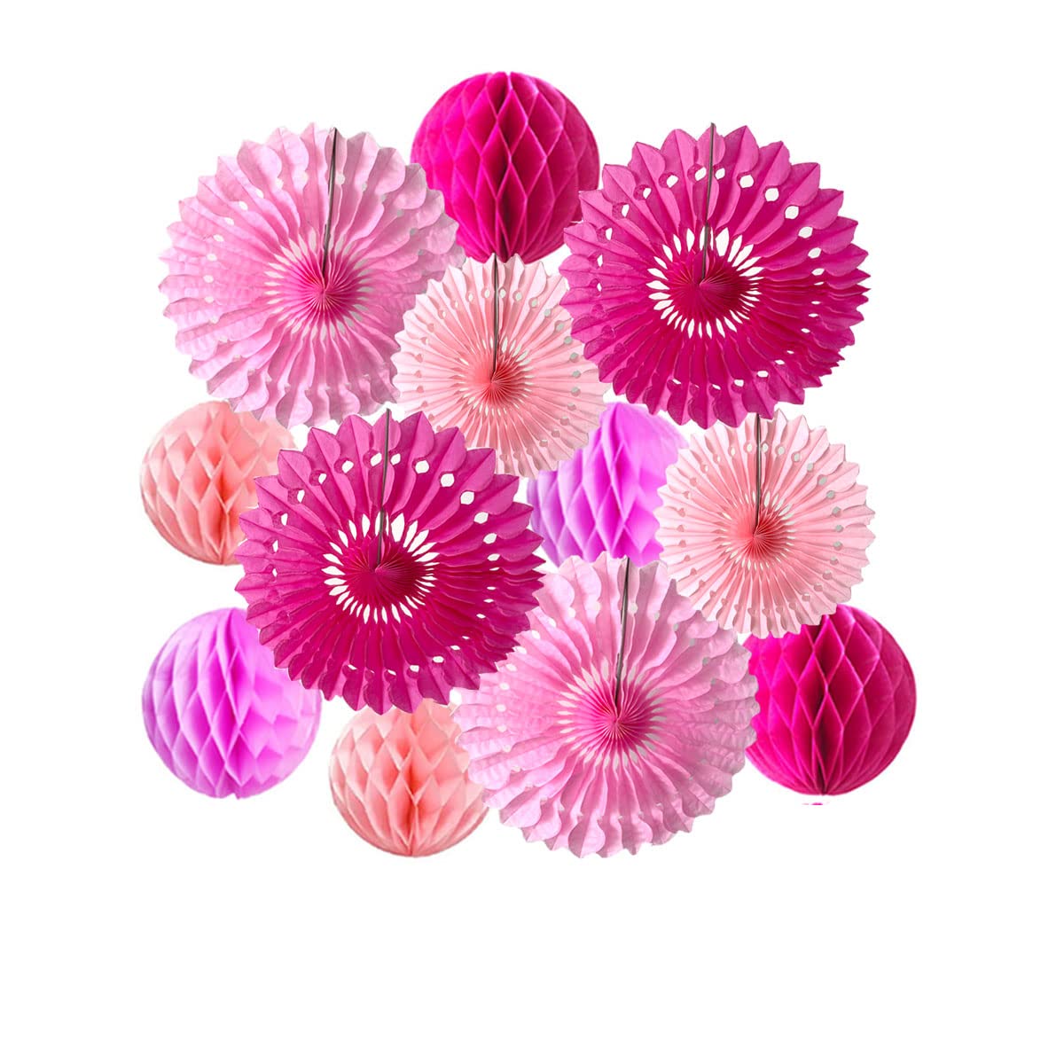 12pcs 6'' 8'' Honeycomb Balls Tissue Paper Fans Party Honeycomb Ball Fans Wall Decorations Tissue Pom Poms Flower Balls Hanging Paper Fans for Party Baby Shower Birthday Wedding Nursery (Pink kit)