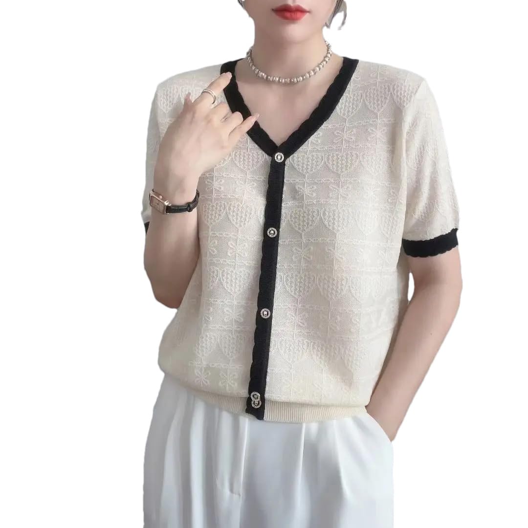 Wjnvfioo Estate Jacquard Moda Scollo a V Pullover Manica Corta T-Shirt Donna Patchwork Button Knit Sottile Top