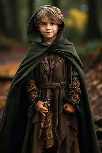 Miniatura 4 de Disfraz renacentista para niños y niños, capa medieval con capucha, para Halloween, guardabosques, mago, elfo, bata con capucha