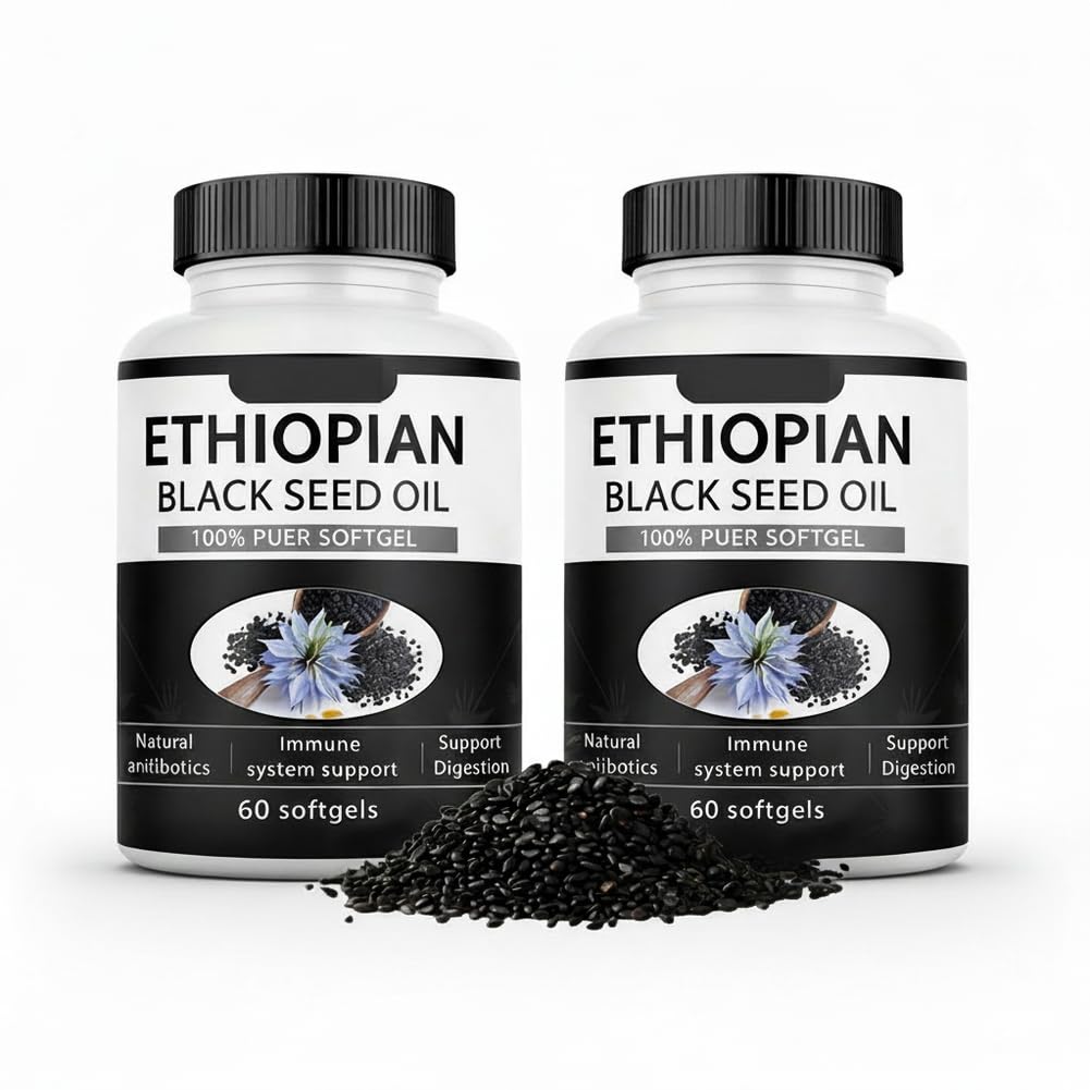 Cápsulas de aceite de semilla negra puramente etíope 4,64% de timoquinona, cápsulas blandas de aceite de semilla negra etíope puramente nutriente, prensado en frío orgánico, sin OMG, sin gluten, 60