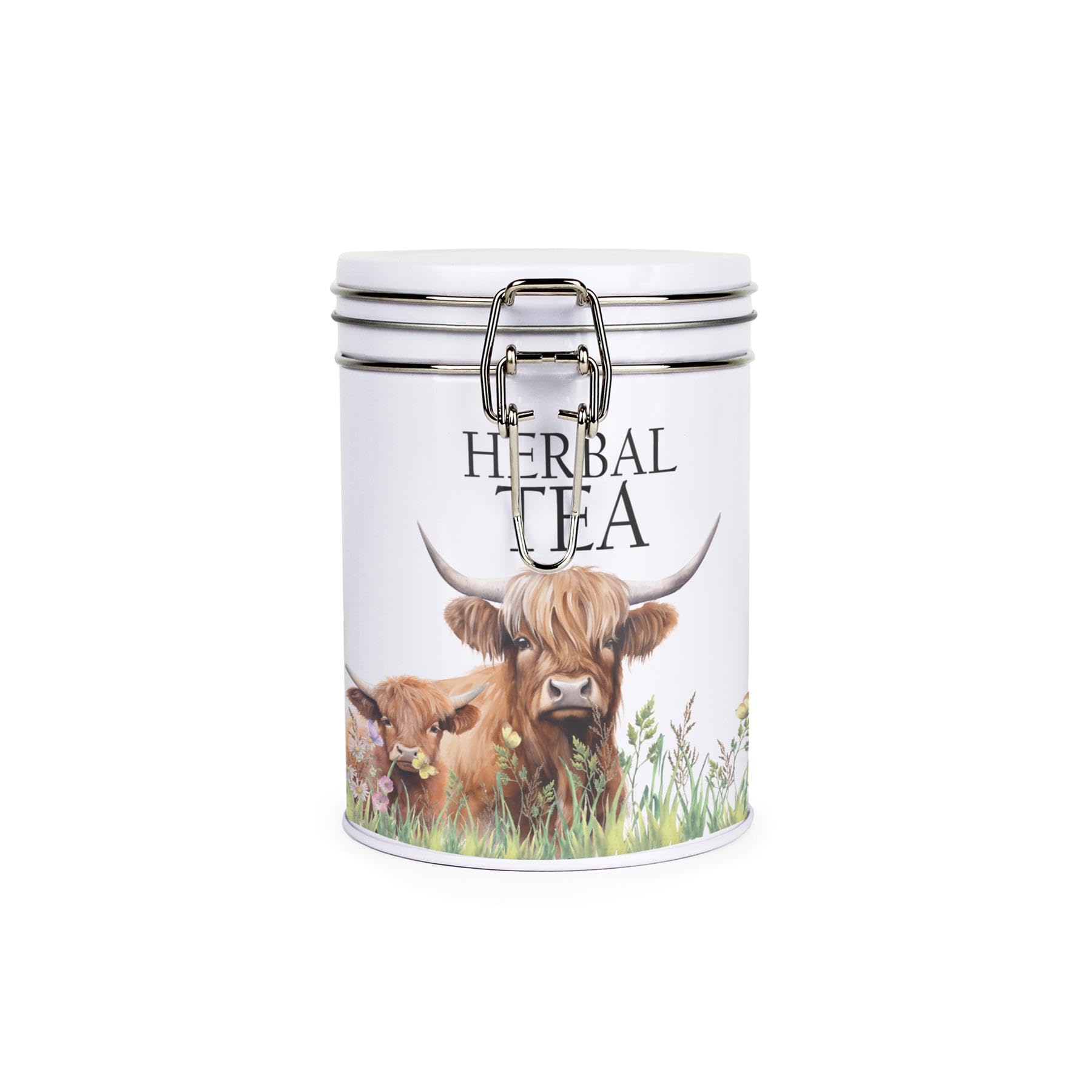 Purely Home Highland Cow & Calf Herbal Tea Canister - Farmyard Animals Themed Farmhouse Décor Gifts - White Metal Clip Lid Kitchen Food Storage Jar/Container 700ml (13cm x 9.5cm)