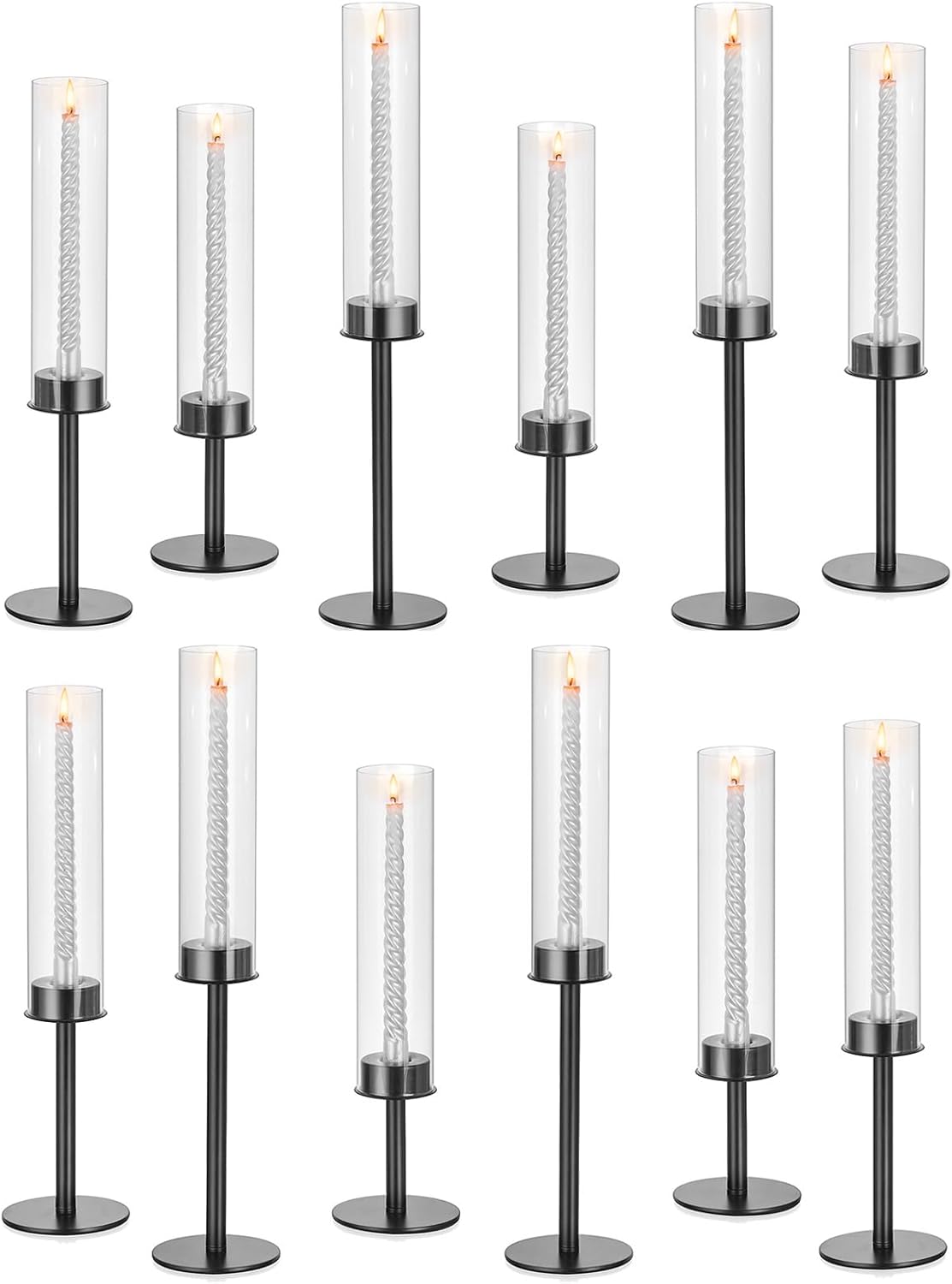 Hurricane Candle Holder Black Candlestick: Glasseam Candlestick Holders for Taper Candles Bulk 12, Modern Candle Stick Candle Holder with Glass Chimney, Fireplace Candle Holder for Dining Table Decor Short-12pcs Black