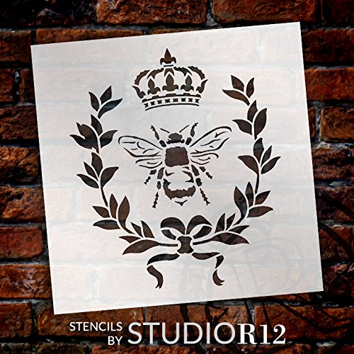 French Bee Stencil By Studior12 | Crown, Laurel Wreath, Bee, Shabby Chic Country - Reusable- Chalky Paint- Use For Furniture Wood Signs Pillows Fabric Home Wall Decor | Select Size (9" X 9") #TOP1