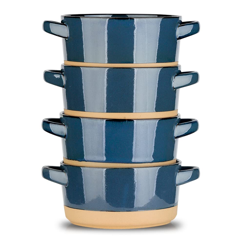 HVH Soup Bowls With Handles Microwave Safe, Ceramic Soup Bowl Set of 4, 24 Oz Big Soup Bowl for Soup, Cereal, Chill, Beef Stew, French Onion Soup Bowls Farmhouse Style (Blue)