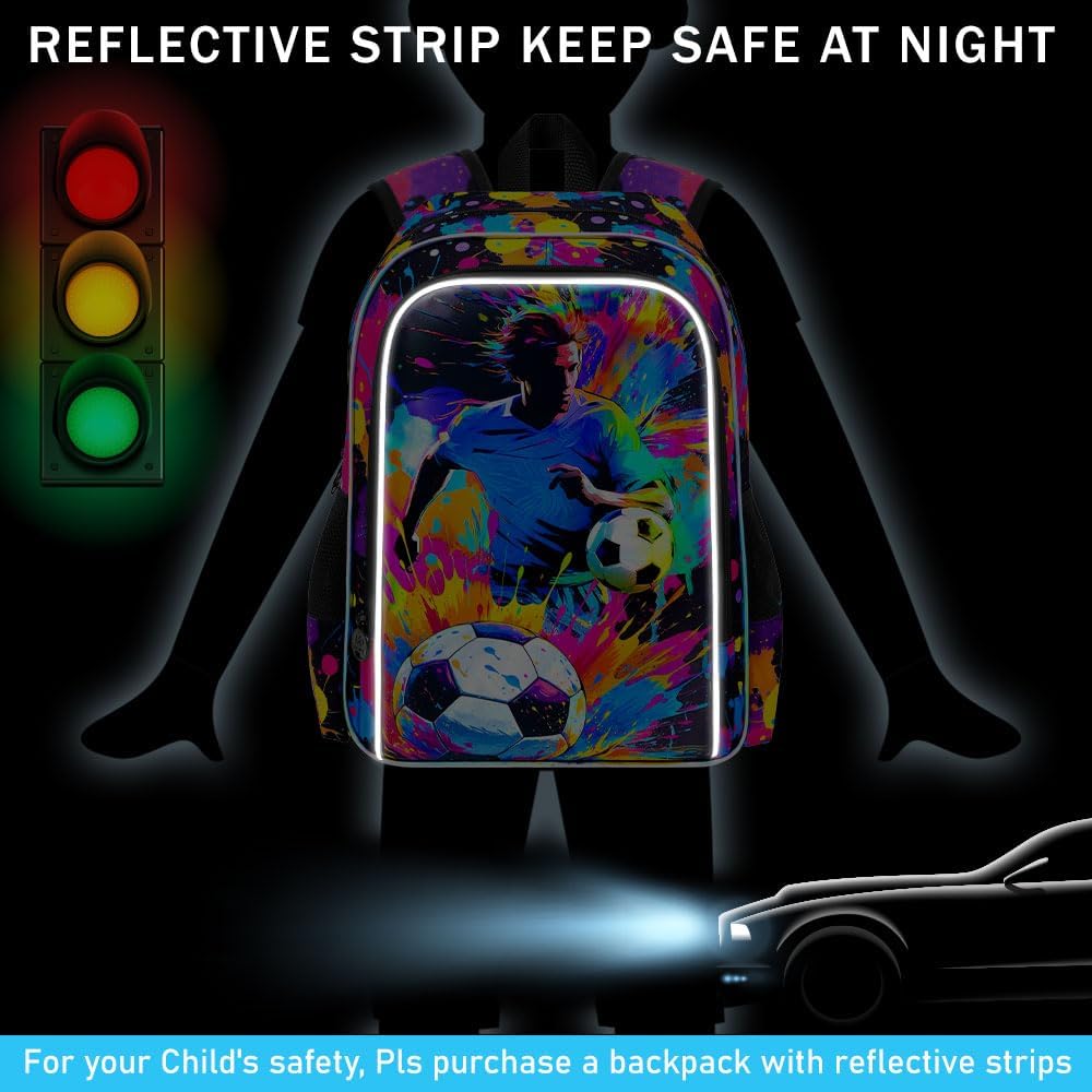 KLFVB 3PCS Backpack for Boys, 17" Kids Football Bookbag and Lunch Box, Water Resistant Teenagers School Backpacks for Middle Elementary - Spray-Paint Soccer