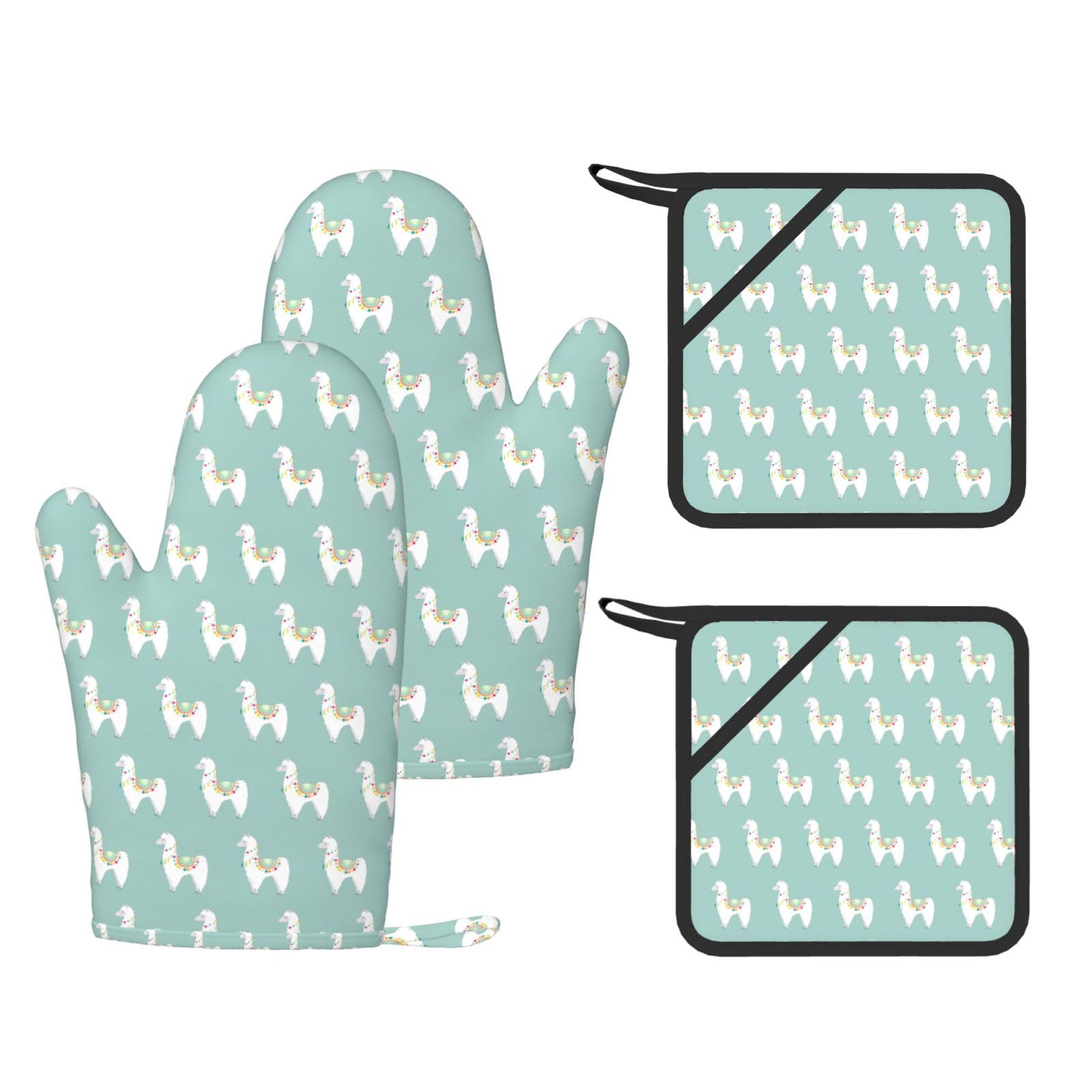 Llama Printed Oven Mitts with Pocket and Hot Pads, Silicone Non-Slip Kitchen Gloves for Baking BBQ