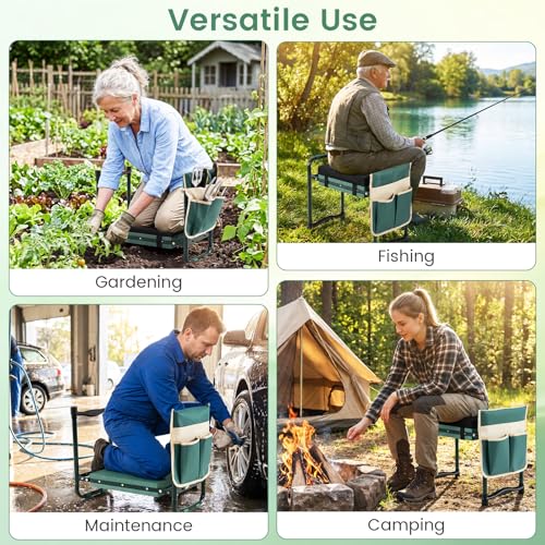 Image of 2-in-1 Garden Kneeler and Seat, Folding Garden Seat w /EVA Foam Kneeling Pad & Removable Tools Pouch, Sturdy Steel Frame, No Assembly, Portable Heavy Duty Garden Stool w /Detachable Armrests