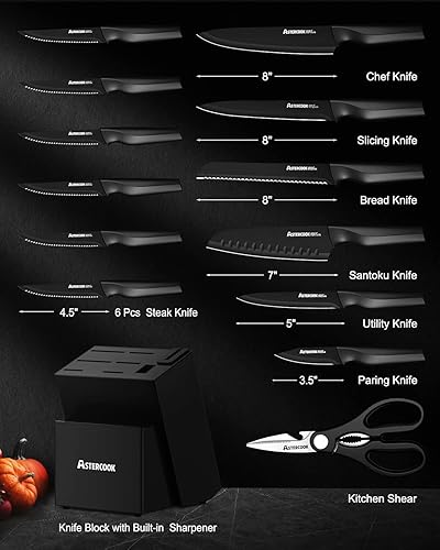 Miniatura 2 de Astercook Knife Set, Kitchen Knife Set with Built-in Sharpener Block, Dishwasher Safe, 15 Pieces German Stainless Steel Knife Block Set, Black