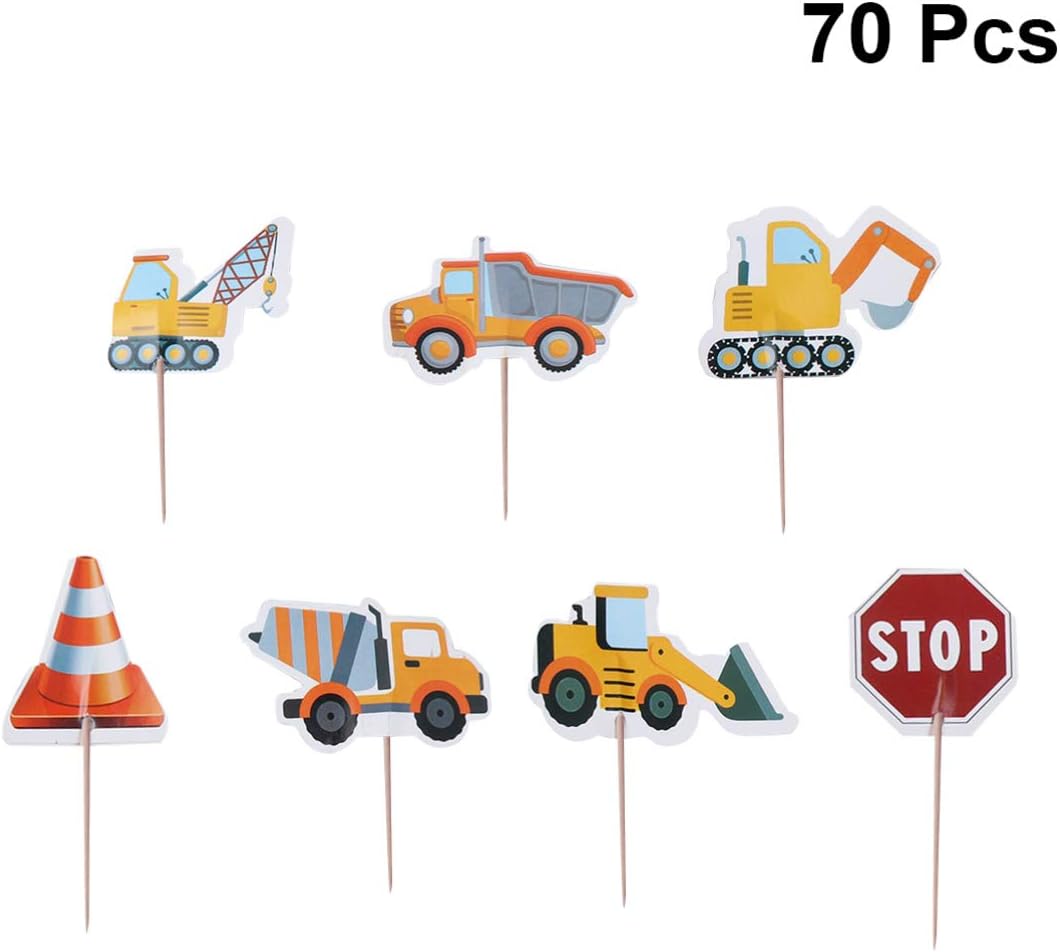 amazon com amosfun 70pcs birthday cake topper engineering vehicle traffic signs design food pick wooden toothpicks decoration for baby shower birthday party grocery gourmet food