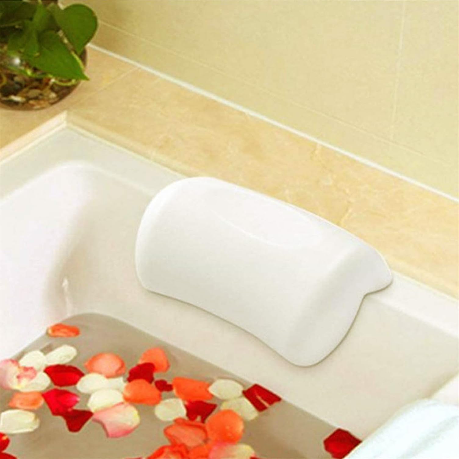 Soft Bath Pillow with Suction Cup for Bathtub, Head and Neck Support, White