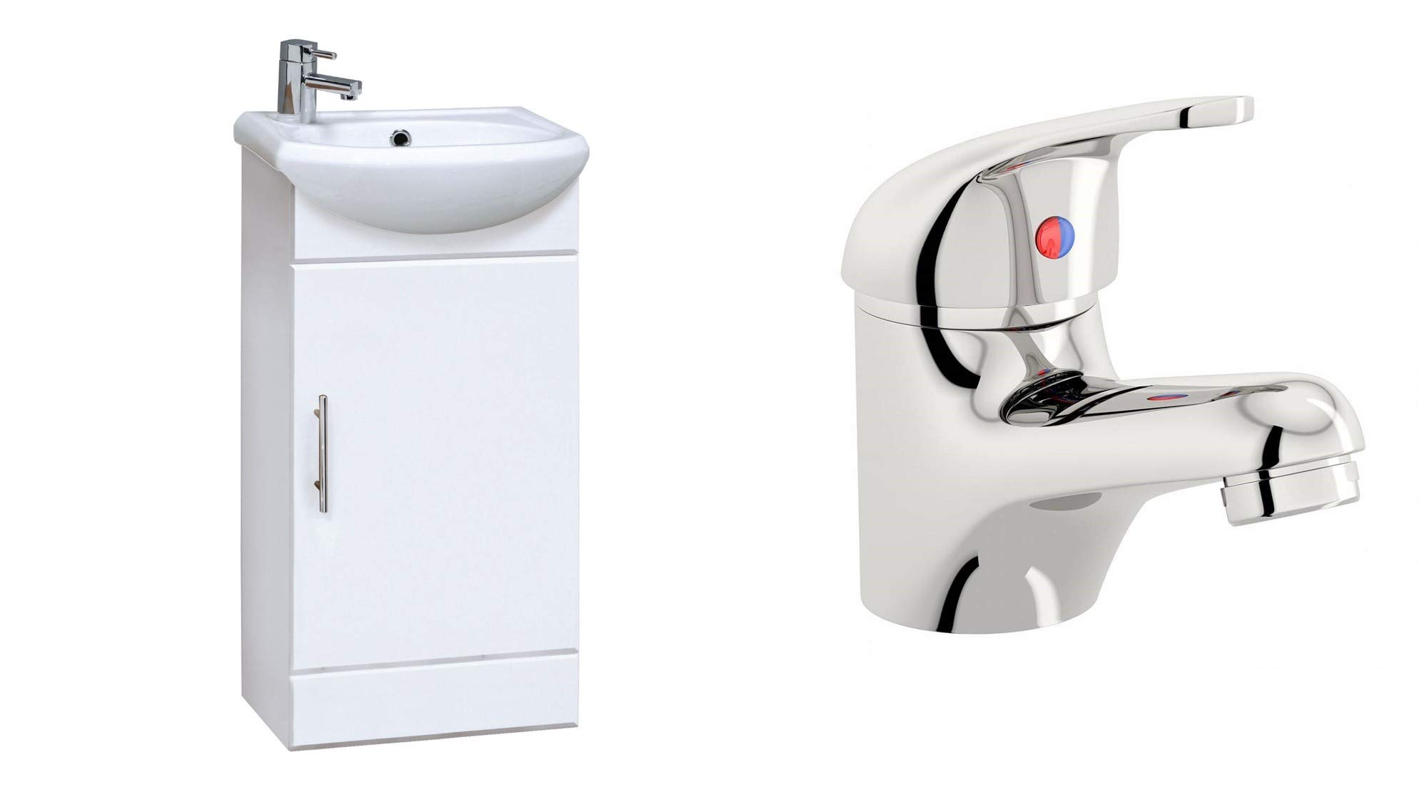 VeeBath Linx 420mm High Gloss White Mini Cloakroom Vanity Unit with Egham Designer Monochrome Mixer Sink Basin Tap (Flat Pack)