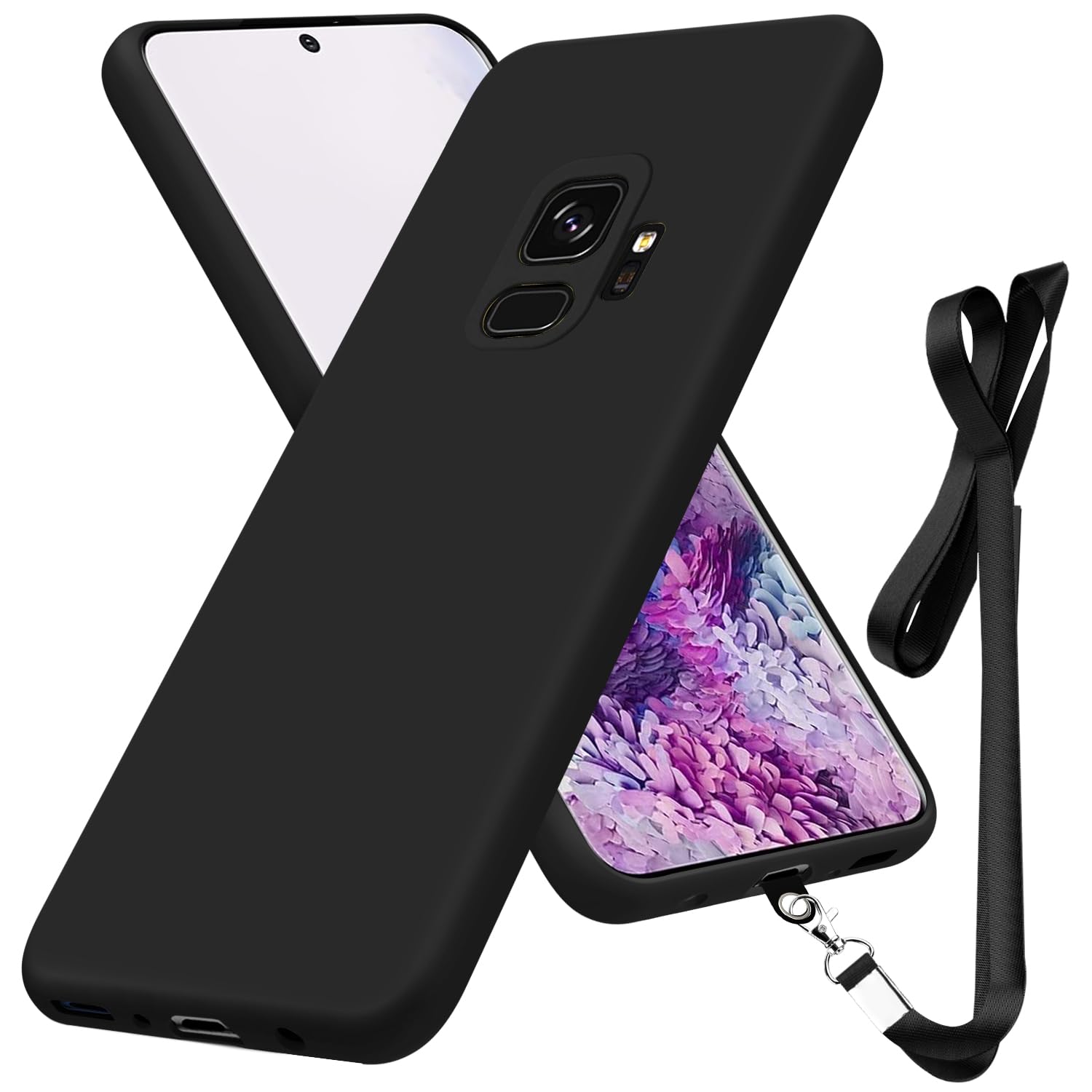 Funda compatible con Samsung Galaxy S9 de 5.8 pulgadas, funda protectora de cuerpo completo de silicona líquida suave al tacto, correa para el cuello, no amarillea, a prueba de caídas, funda