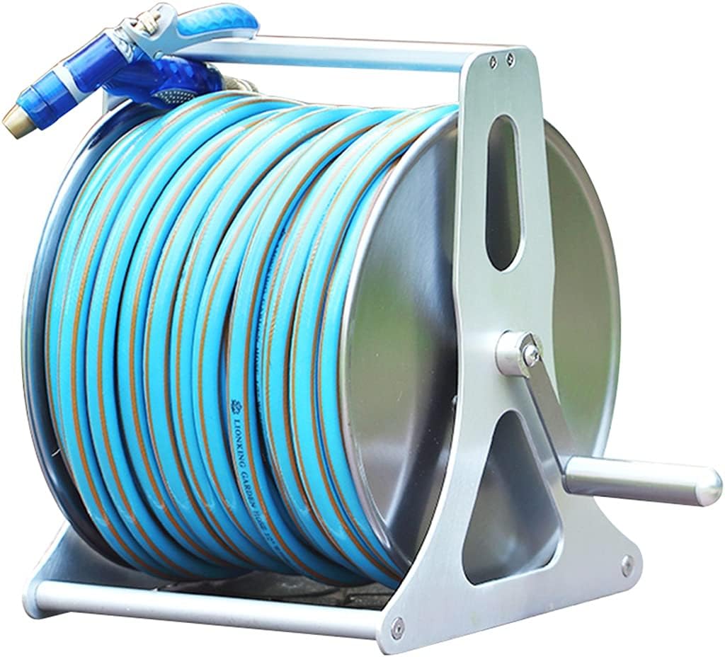 Garden Hose Reel Cart Small,Wall-Mounted Stainless Steel Water Pipe Storage Rack, Portable Hosemobile Reel Cart, Garden Car Wash Essentials (Color : Silver, Size : +DN15 40m Blue Pipe)