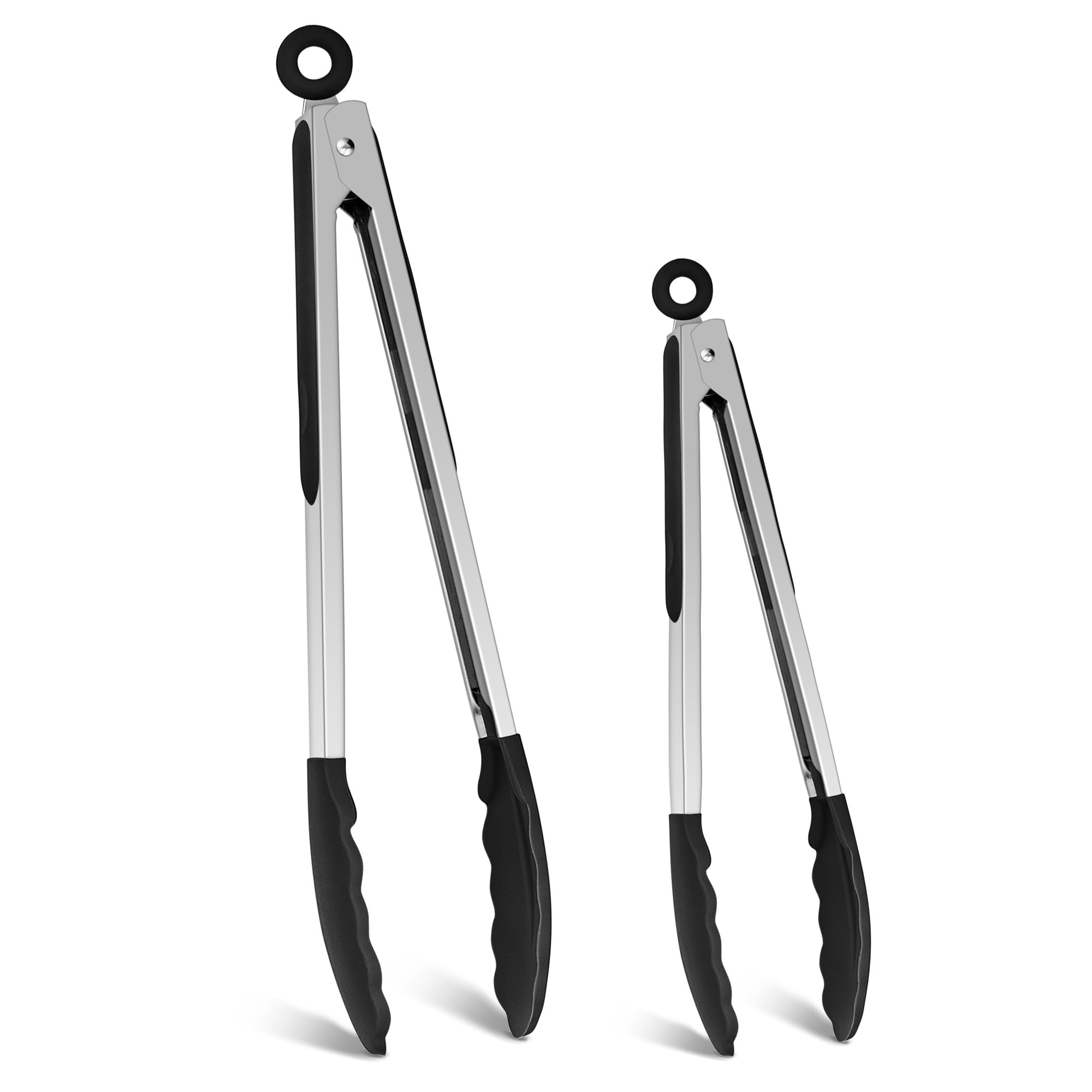 Herogo Kitchen Tongs Set of 2, 9 & 12 inch Silicone Cooking Tongs with Stainless Steel Handle, Ideal for Air Fryer, Salad, Serving, BBQ, Smart Locking Clip & Heat Resistant, Dishwasher Safe, Black