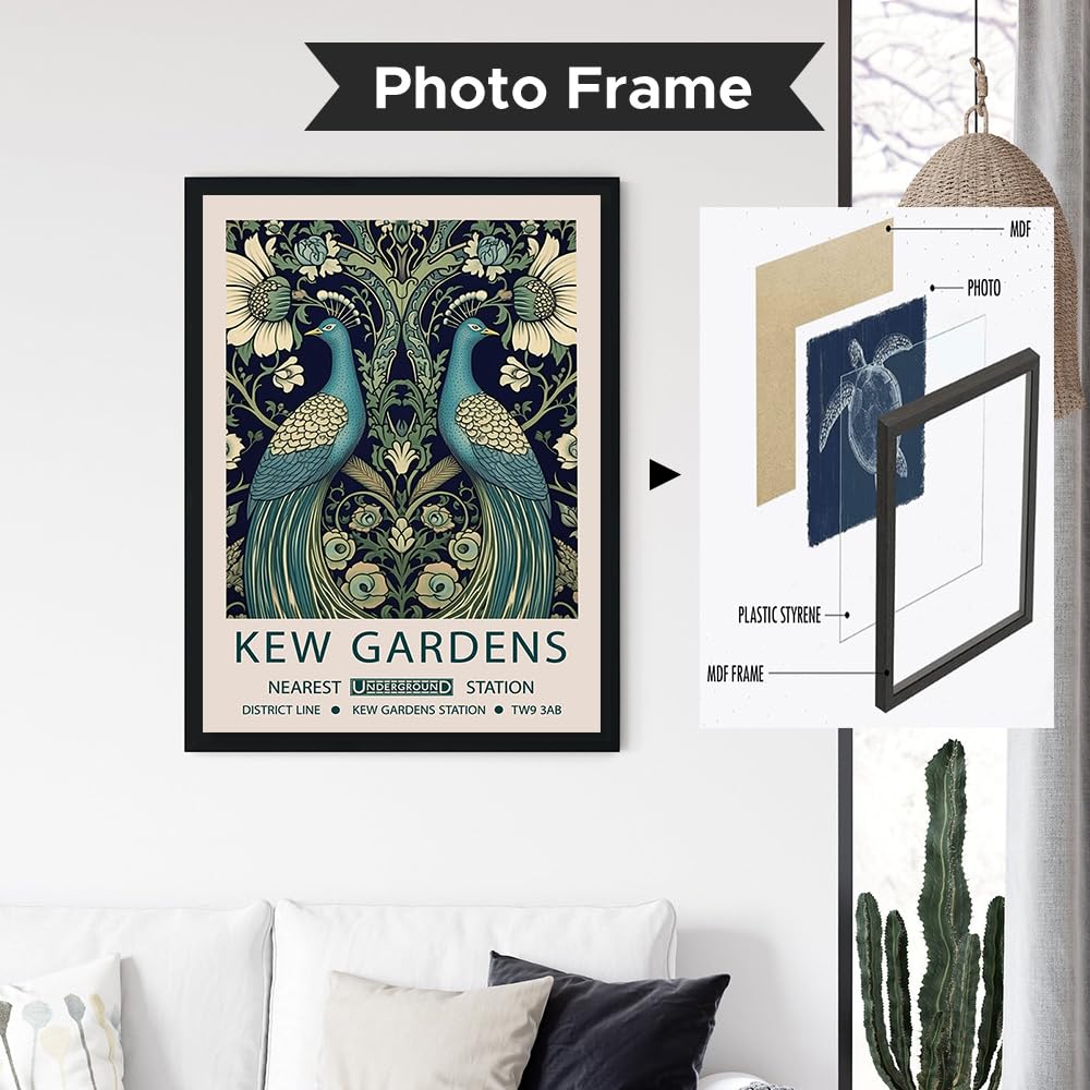 William Morris - Póster de flores y pájaros y pavo real, impresión en lienzo, arte floral para pared, impresiones botánicas, decoración del hogar (SKU4,30.5 x 45.7 cm, marco de fotos negro)