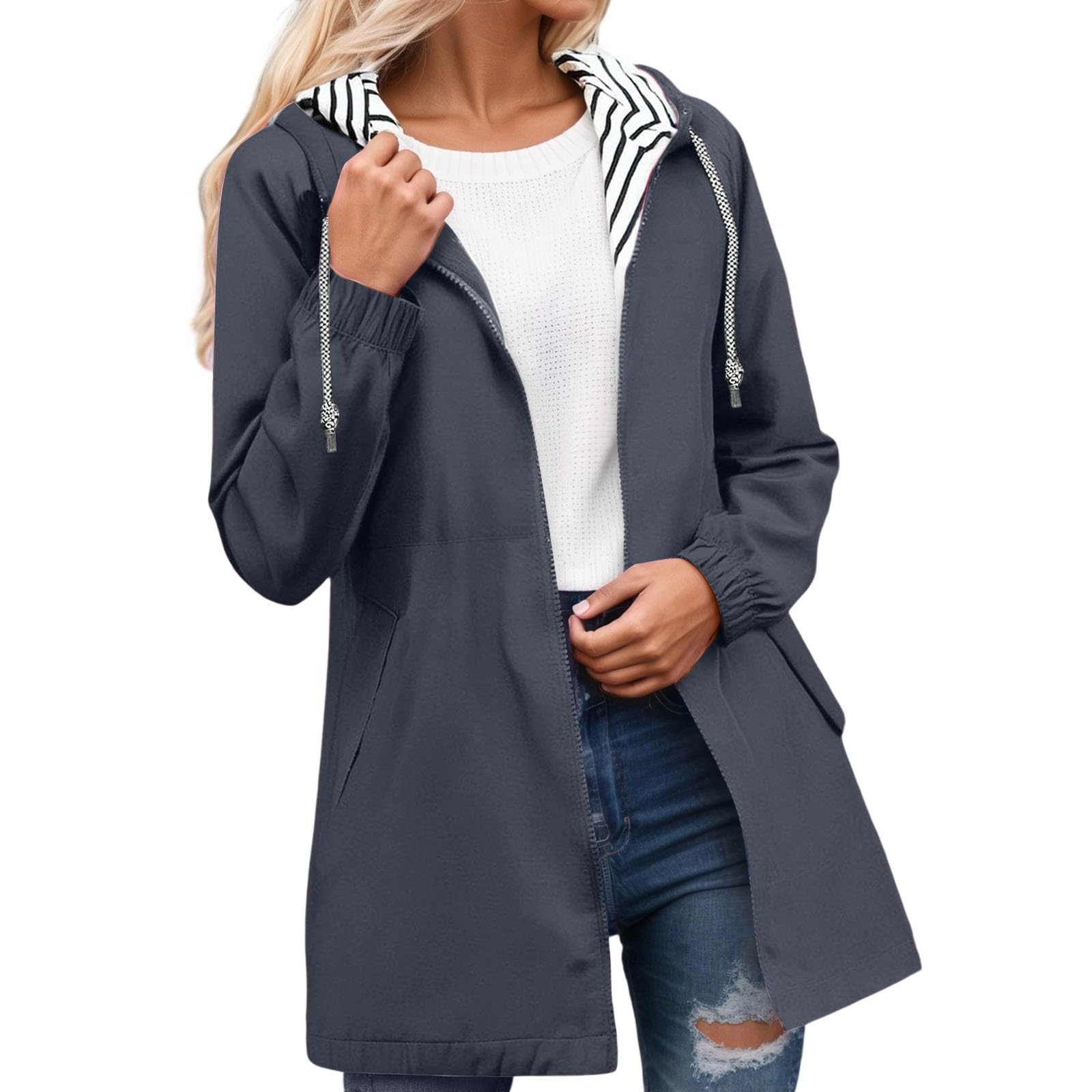 Generisch Chaqueta cortavientos ligera para mujer, con capucha, bolsillos a rayas, anorak, para senderismo
