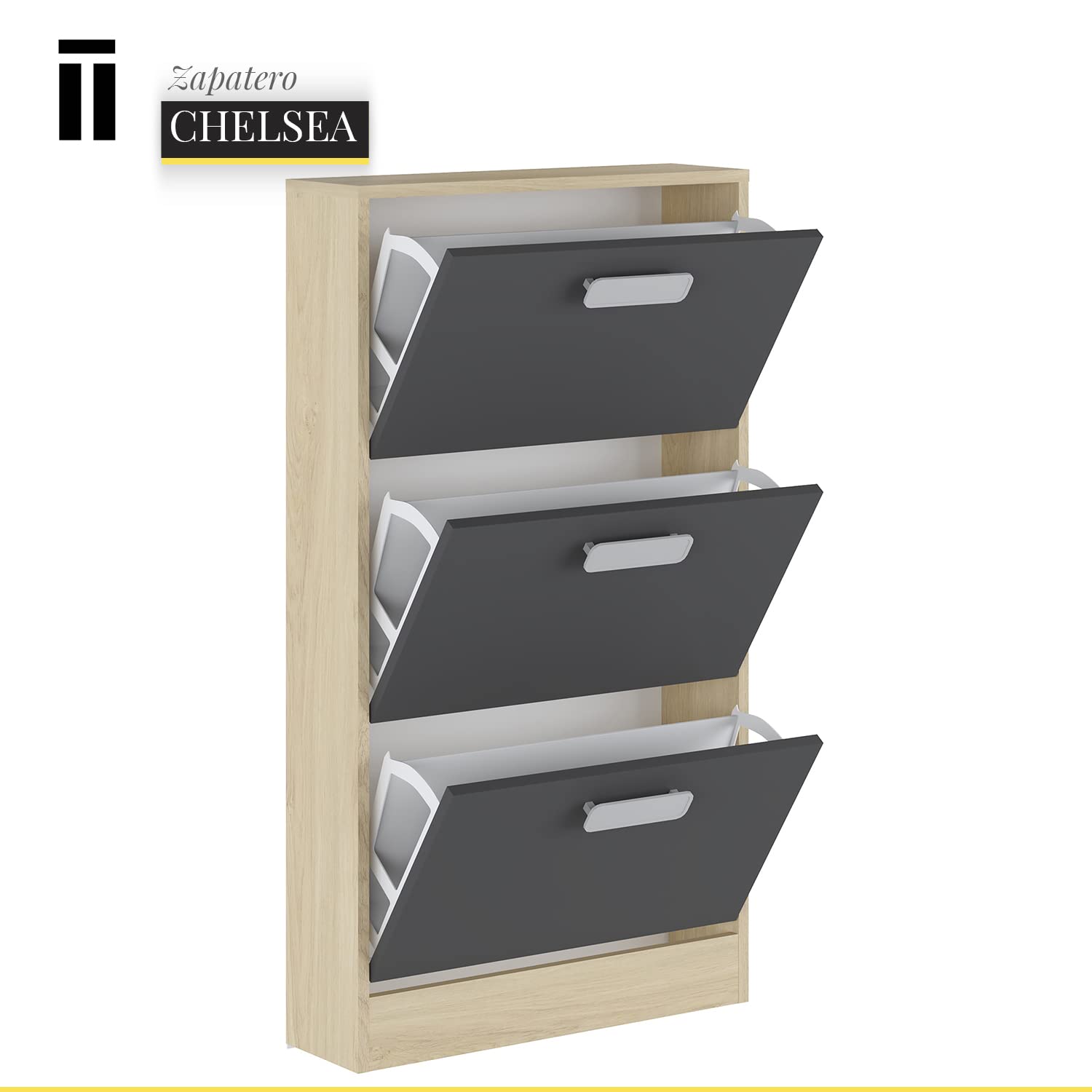 Shiito | Modelo Chelsea - Zapatero | Natural Grafito - 17 x 59.8 x 107.7 cm | Con 3 Estantes | Ideal en la Entrada y Dormitorio