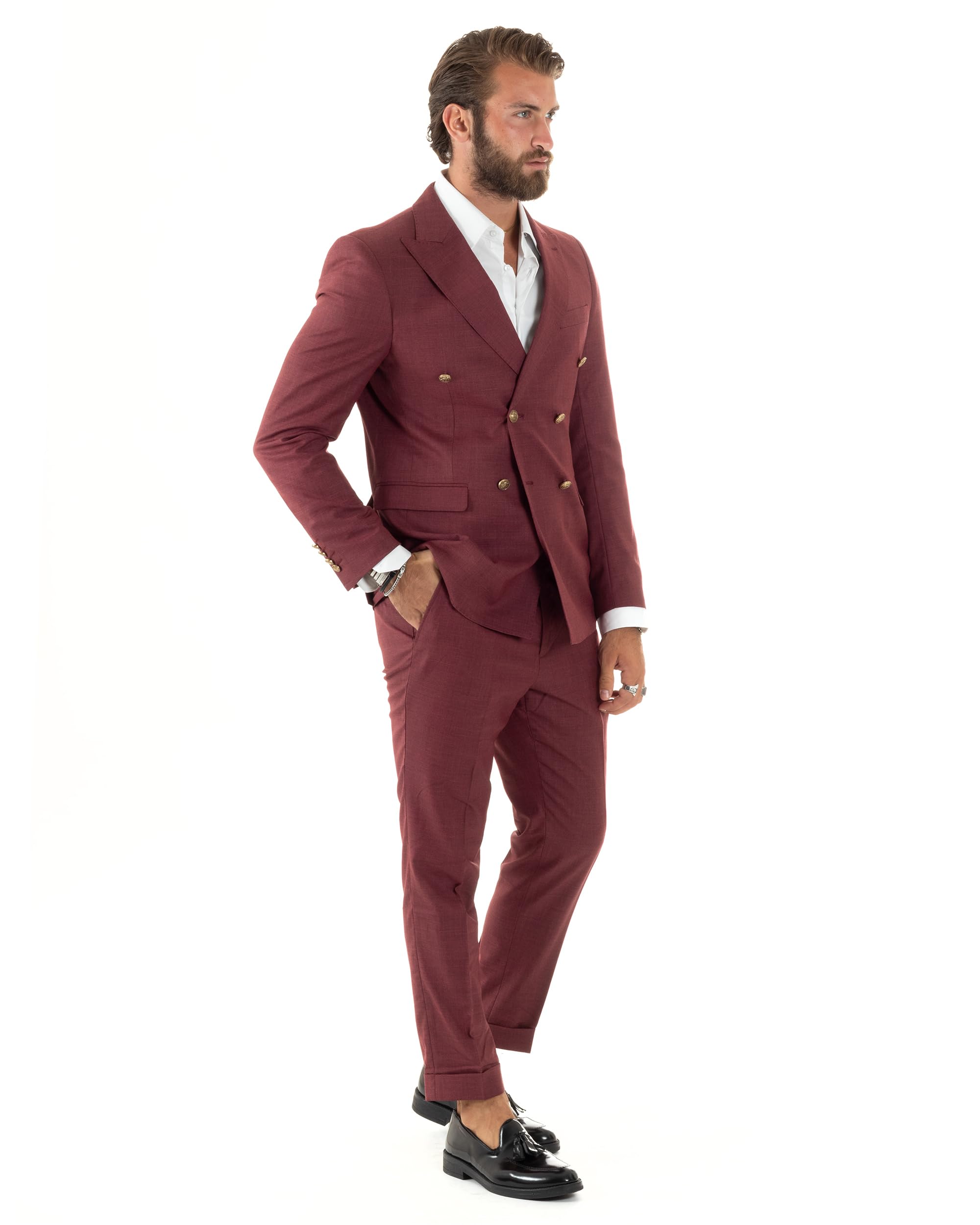 Abito Uomo Doppiopetto Vestito Completo Giacca Pantaloni Bottoni Metallo Melangiato Elegante Vari Colori
