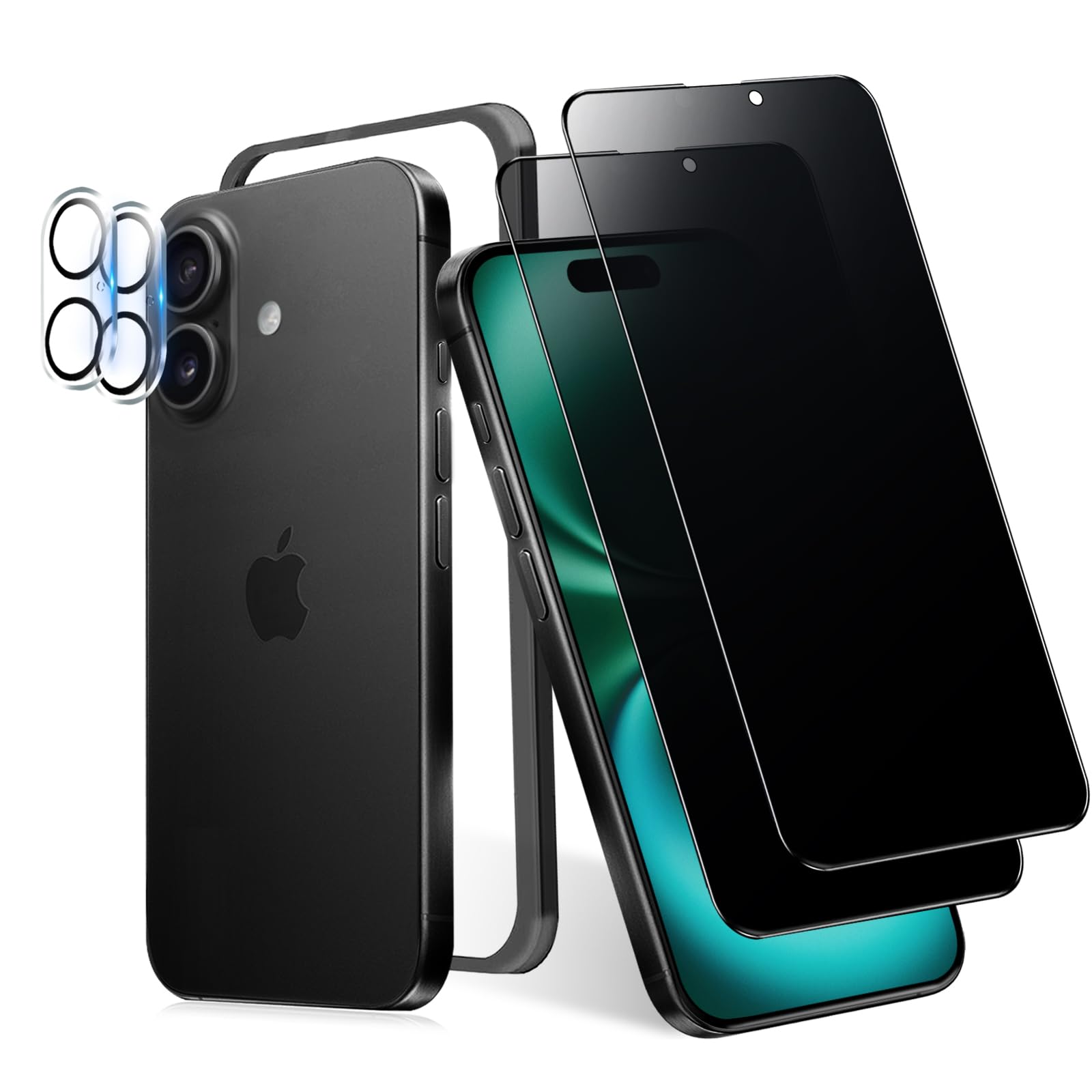 MINIKA 180度 覗き見防止フィルム iPhone 16 用の ガラスフィルム 覗き見防止 いPhone 16 保護フィルム のぞき見防止 アイフォン16 フィルム 覗き見 プライバシー保護 左右 見えない 横から見えない 【ガイド枠付き/カメラフィルム 付き / 2枚セット】