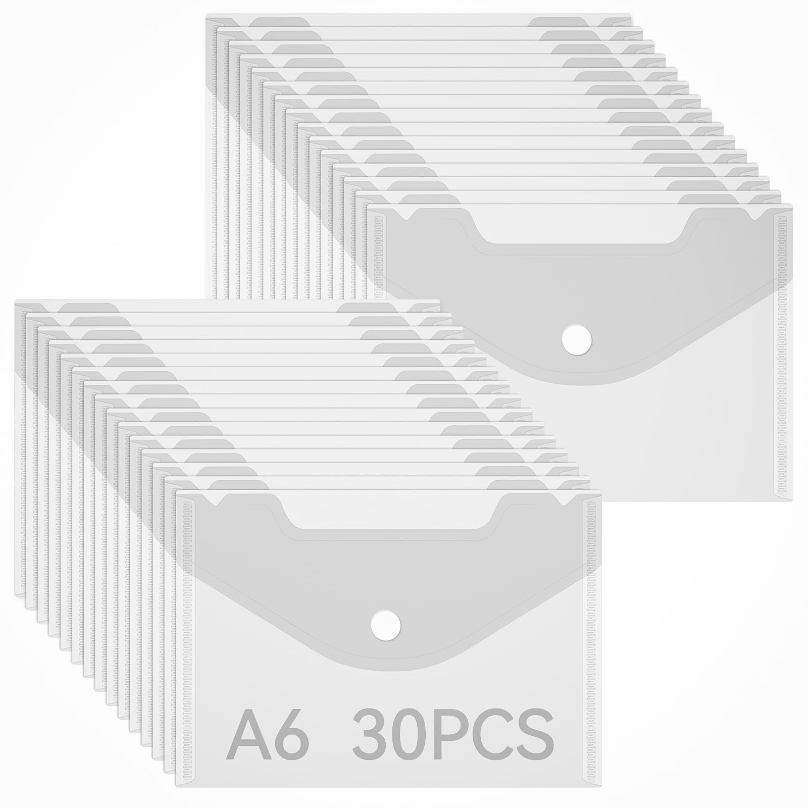 Lot de 30 pochettes A6 en plastique transparent étanche avec bouton pression, 17 × 12 cm, porte-documents A6 simple à bouton-pression pour la maison, l'école, le bureau, les voyages