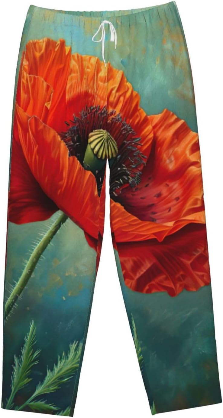 Poppy Flower Print Fashion Cozy Womens Flannel Pajama Pants,Perfect For Christmas And Everyday Wear