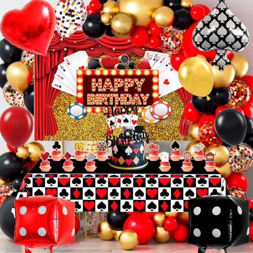 Décorations de Fête de Casino, 85 Pcs Casino D'anniversaire Fournitures - Ballons sur Thème du Poker Toppers de Gâteau Toile de Fond etc Décorations de...