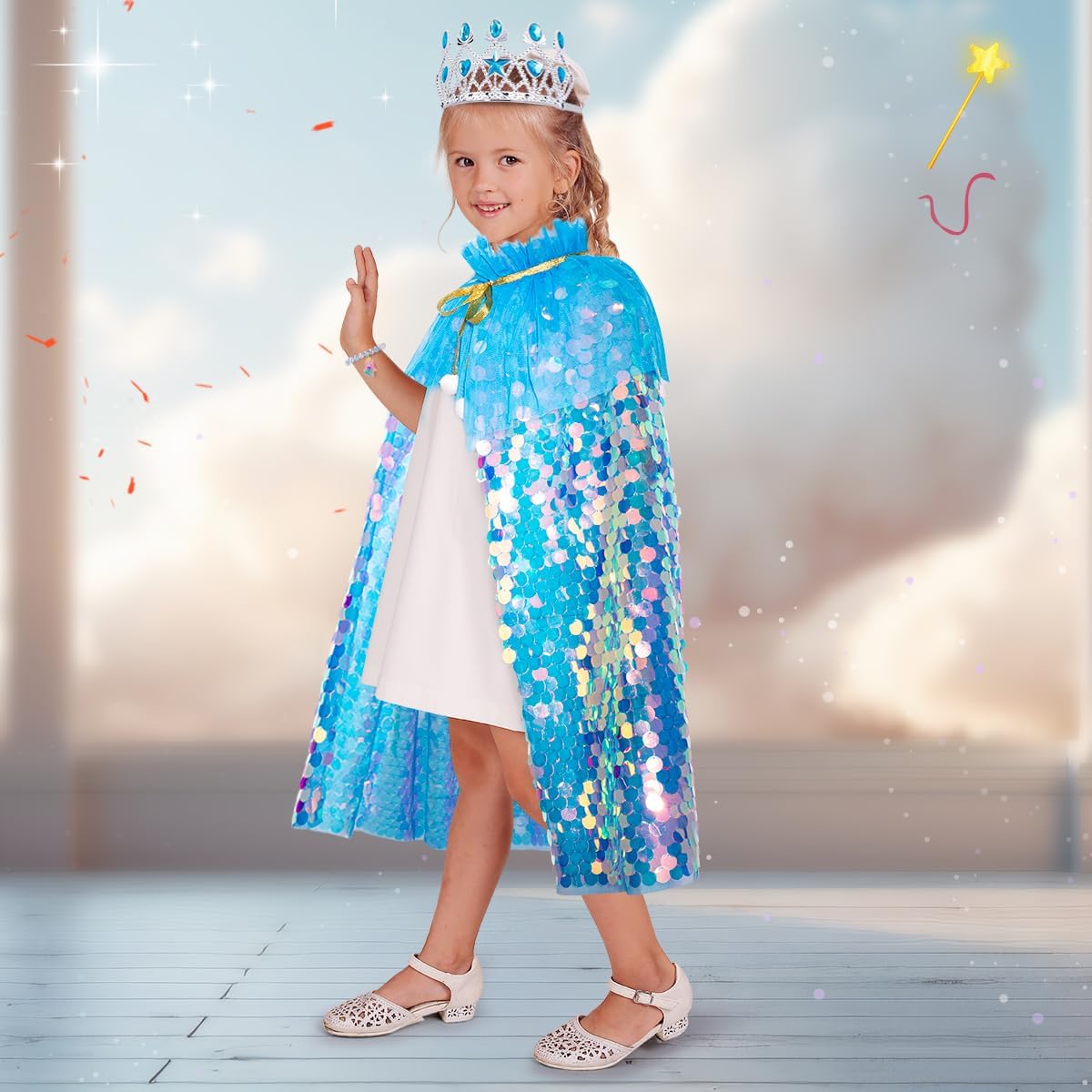 Meland Princess Dress Up for Girls 3-8, 11Pcs Mermaid Cape with Crown, Dress Up Clothes Birthday Gift Toys for Girls Toddlers - Image 7