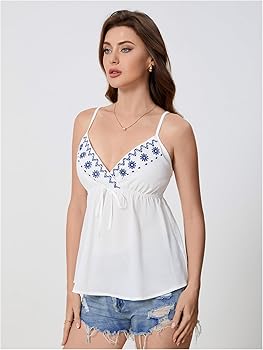 COZYEASE Women's Floral Embroidery Knot Front Cami Tops Peplum COZYEASE Women's Floral Embroidery Knot Front Cami Tops Peplum