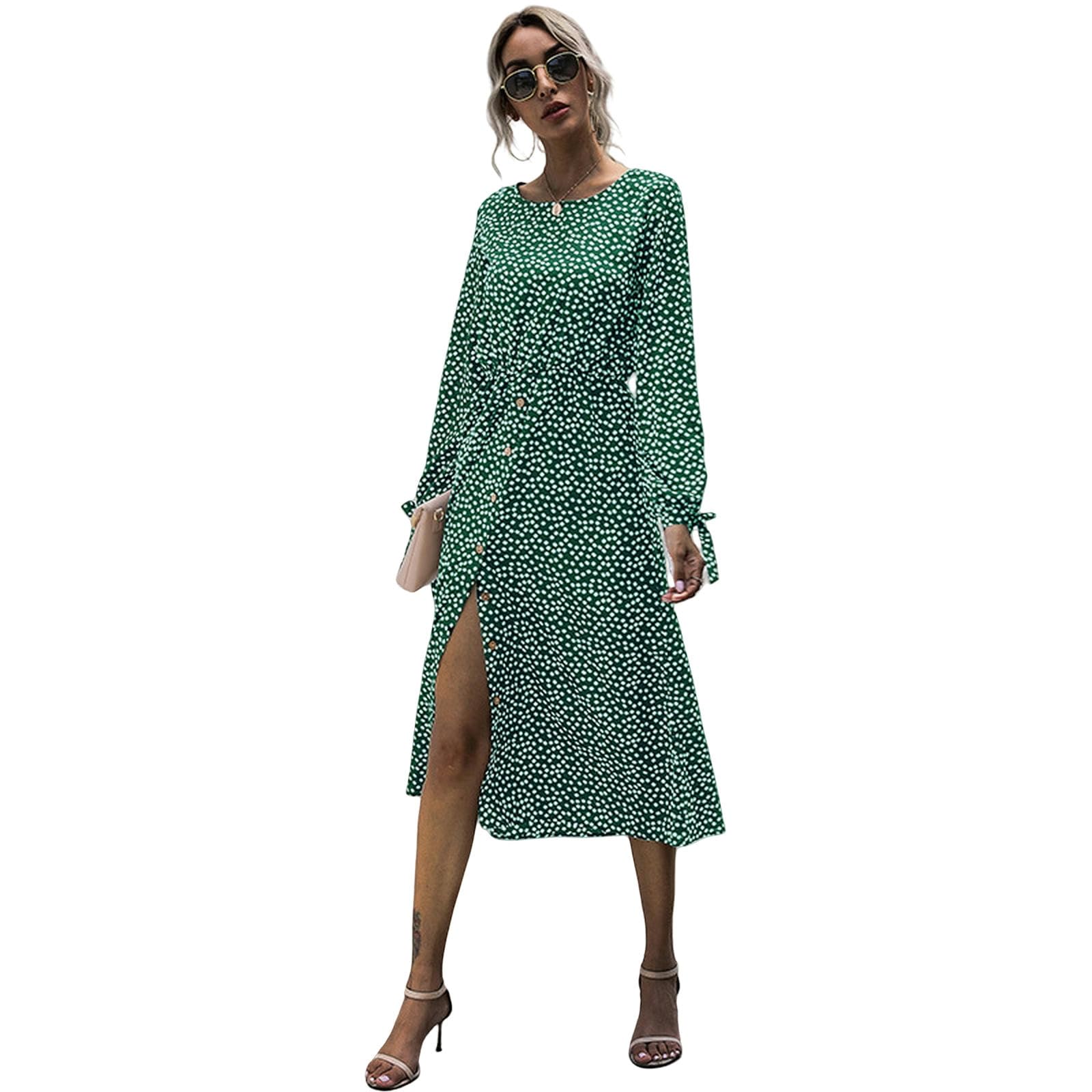 Vestidos de verano para mujer, vestido midi de lunares, con botones, acampanado, vestido camisero con cuello en V, vestido fluido, YYEFNMAZ