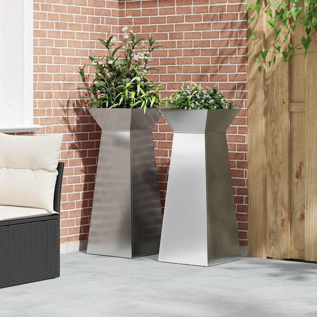 Ogrodnik filar 2 szt. srebrny 40 x 40 x 100 cm | Metal Nowoczesny design, odporność na temperatury, na taras, stojak na rośliny zewnętrzne