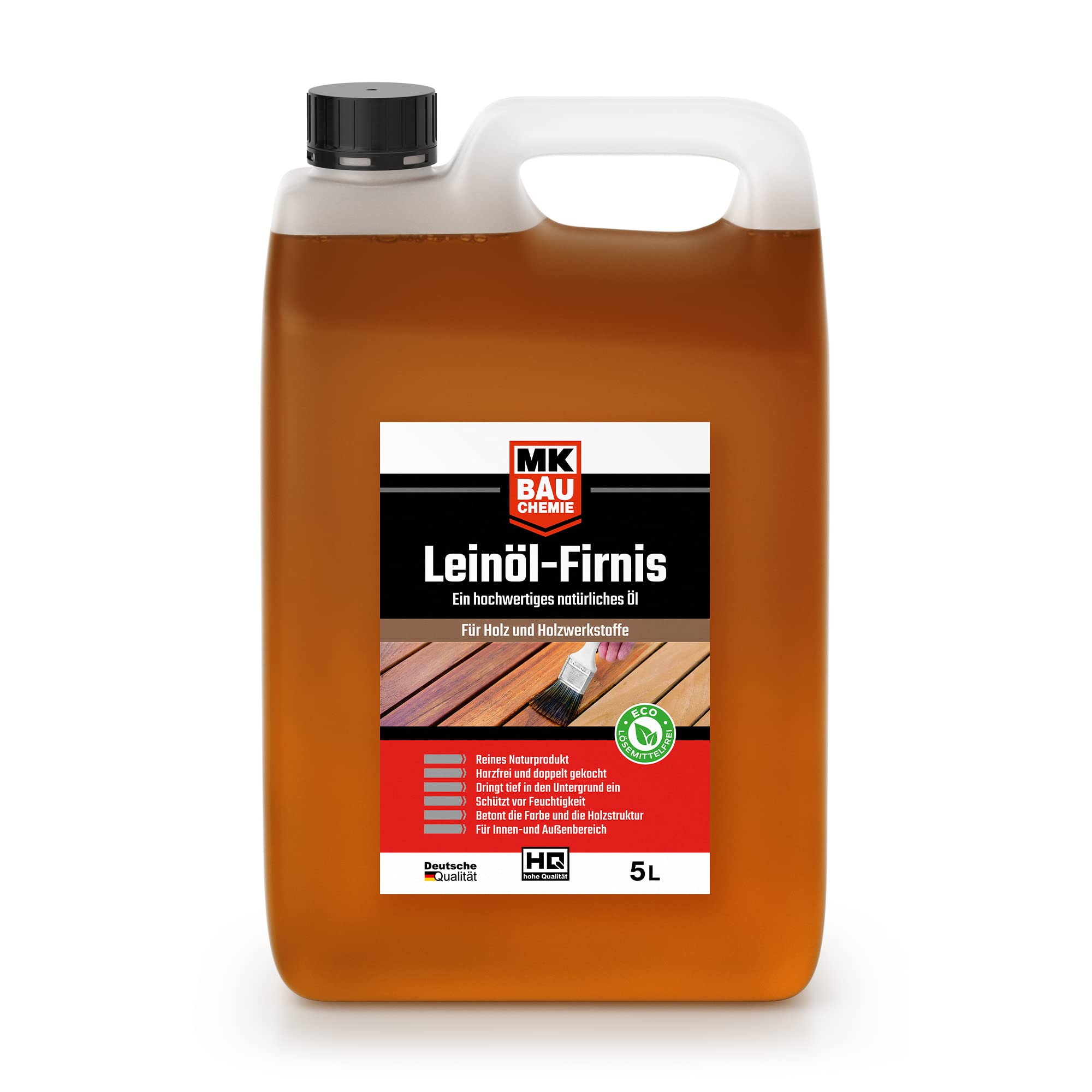 MK BAUCHEME Leinöl-Firnis - Doppelt gekochtes Holzöl als natürlicher Holzschutz für Möbel - Wasserabweisend, 5 Liter