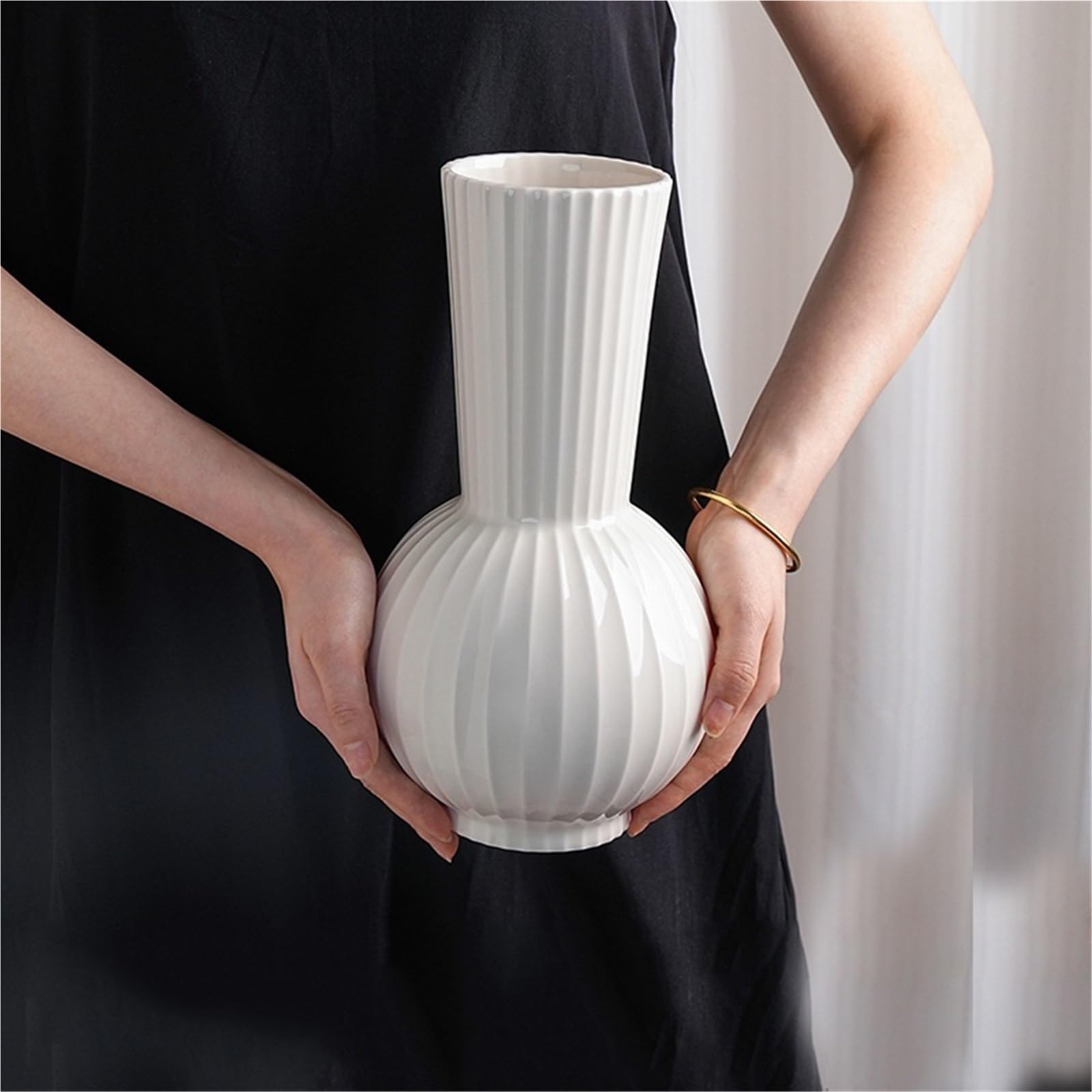 Weiße Keramikvase, Boho-Dekor, Bauernhaus-Dekovase, gestreifte Dekoration, moderne Vase für Wohndeko, Wohnzimmer, Eingangsbereich, Hochzeit(L)
