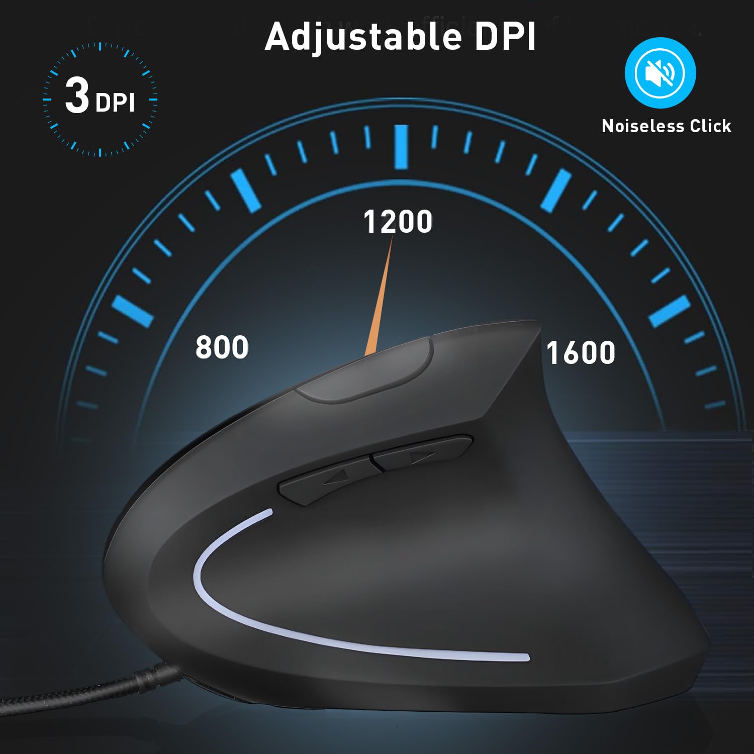 Mouse ergonomico cablato, mouse verticale cablato USB con DPI regolabile 800/1200/1600, 6 pulsanti, mouse ergonomico per laptop/PC/desktop, nero