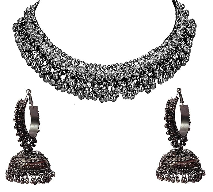 Ziyans Fashion Oxidised Black Metal Choker Necklace and Hoop Earrings Set, Traditional Indian Style Jewellery for Women