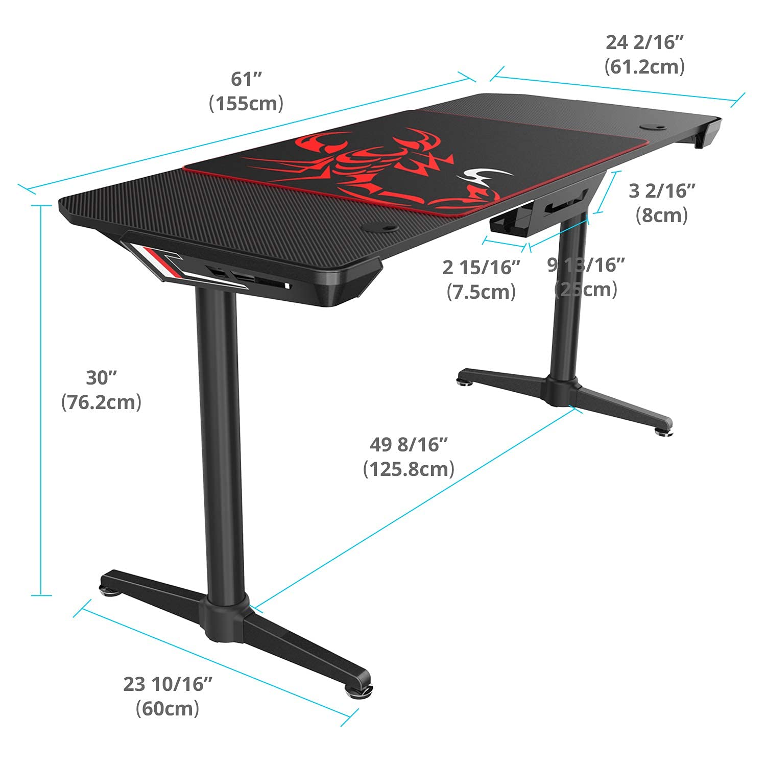 EUREKA ERGONOMIC I60 Computer Gaming Desk 60'' PC Computer Gaming Desks