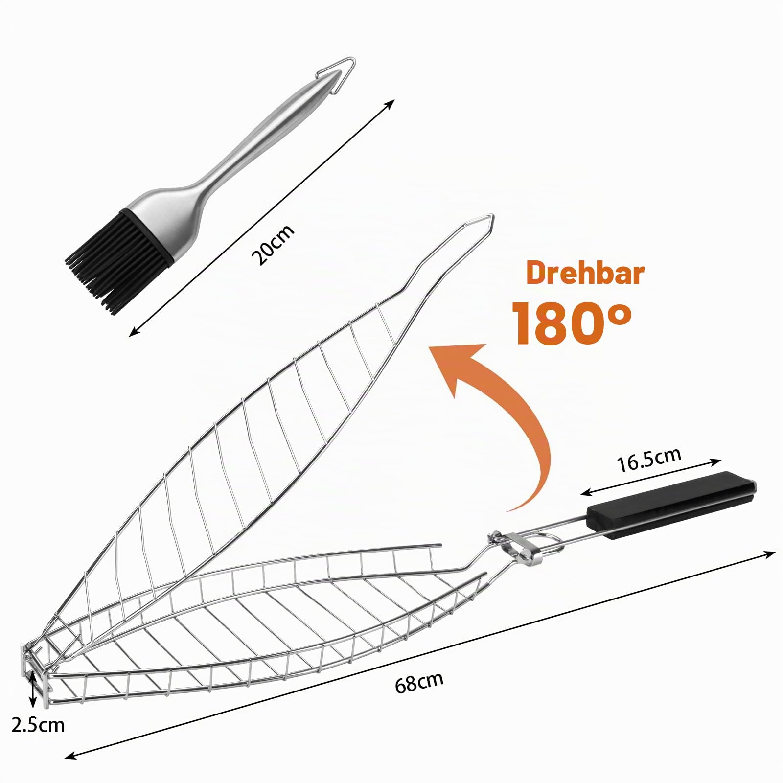 Fischgrillkorb Edelstahl, Fisch Grillhalter & Fischzange zum Grillen, Fischgrillgitter mit abnehmbarem Griff | Rostfreier Fischbräter für Ganzfisch, Grillzubehör für Gasgrill, Holzkohlegrill & Camping