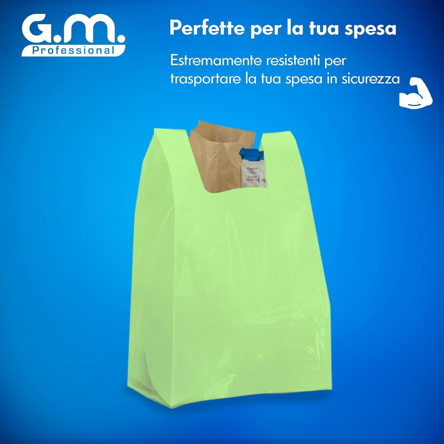 GM – 480 Buste Shopper Bio Verdi 22×50 cm con Manico, 12 Rotoli Compostabili Resistenti per Ortofrutta, Spesa e Raccolta Umido, Sacchetti Idonei al Contatto Alimentare