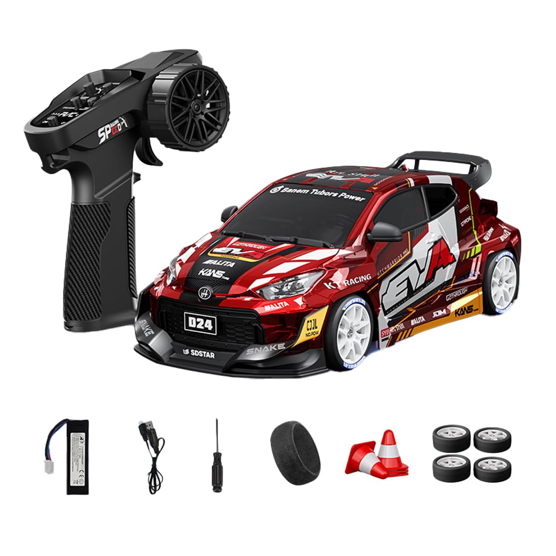 NULA 1:24 RC Drift Car, D24 RTR Full Proportional 4WD High Speed Remote Control Car with Gyro, Dual Drift Racing Tires, LED Light Effects for Adults- (S2 Red Finish / D24-04)