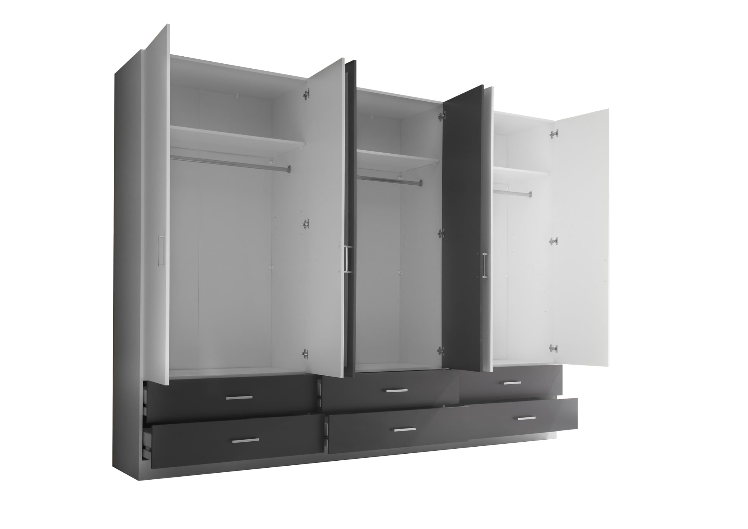 AVANTI TRENDSTORE Lambrugo - Armadio a 6 ante battenti, di cui 2 con specchio e 6 cassetti, in legno laminato di colore bianco/grafite. Misure ca. LAP 272x211x55 cm.