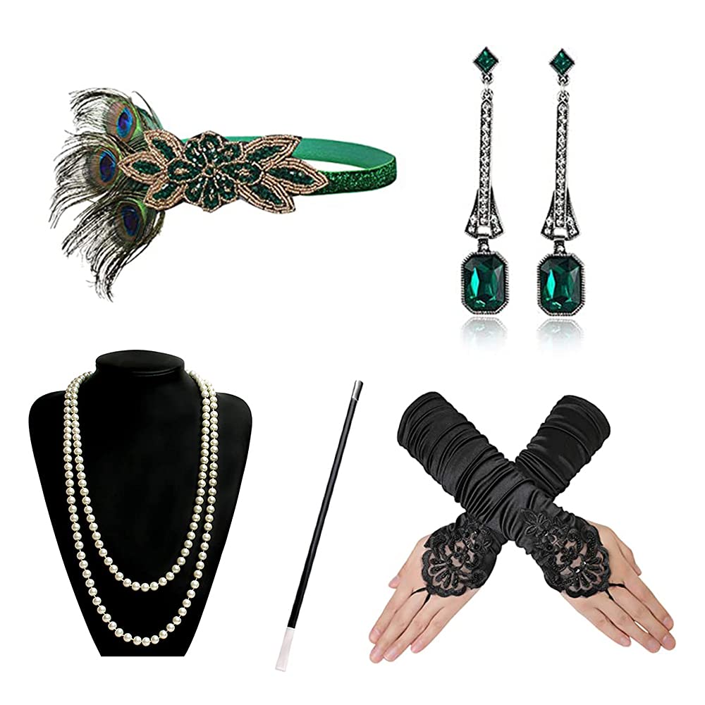 mefound 1920 Accessories Set - Roaring 20's Theme Flapper Costume Gatsby Accessories Set Fashion Vintage Headband Necklace Earrings Long Gloves bracelet Holder For Women
