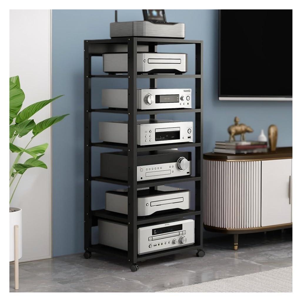 Mobile stereo hi fi rack hifi Av media stand a 7 livelli con ruote e supporto regolabile in altezza, armadio rack audio per soggiorno, sala teatro, ripiano rack amplificatore, centro intratte(Nero)