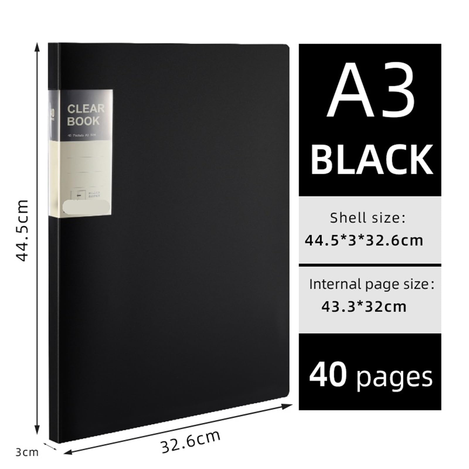 Cartella di pittura for portfolio artistico con ingresso laterale A3 for studenti, poster, carta da disegno, porta certificato, 20-60 pagine(Black-40Pages)