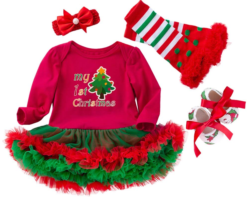 FANCYINN Baby Girls Christmas Tutu Tulle Dress Christmas Dress Toddler Christmas Romper Dress with Headband Leg Warmers & Shoes