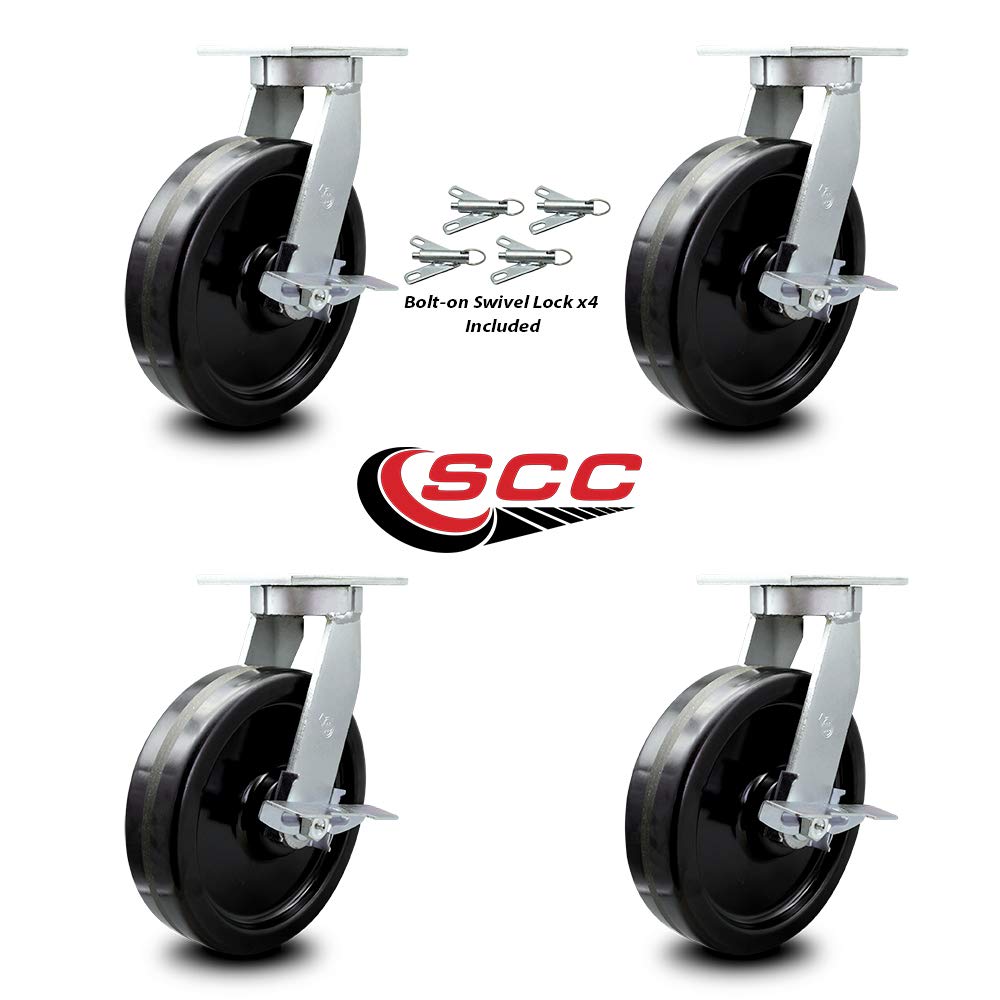12 Inch Swivel Top Plate Caster Set Extra Heavy Duty Casters with Phenolic Wheels - Includes 4 Swivel with Top Lock Brakes and Bolt on Swivel Locks - Set of 4 - Service Caster Brand