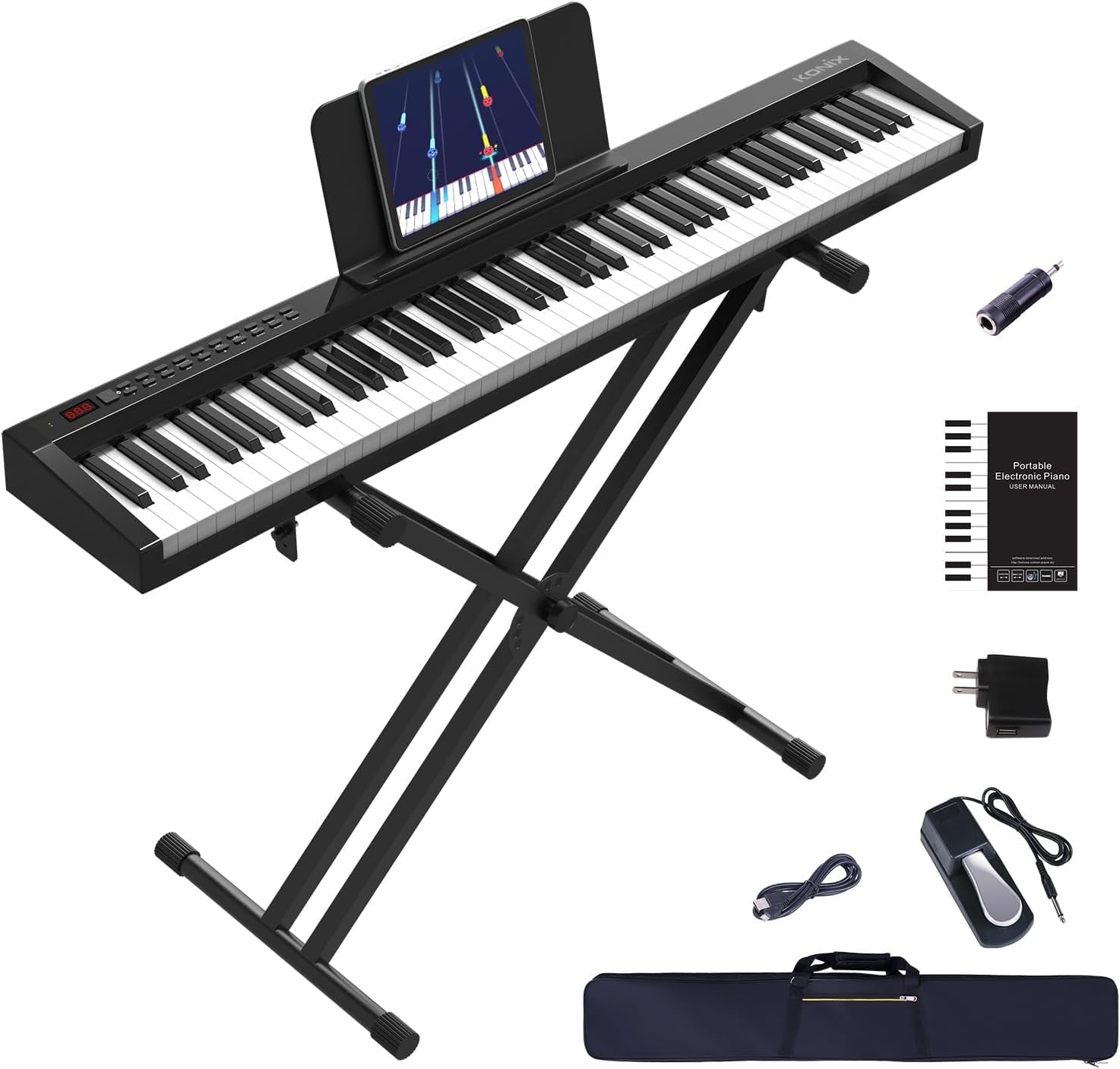 Digital Piano 88 Key Full Size Semi Weighted Electronic Keyboard Piano Set with Stand, Built-In Speakers, Sustain Pedal, Bluetooth, MIDI/USB/MIC for Beginners Adults