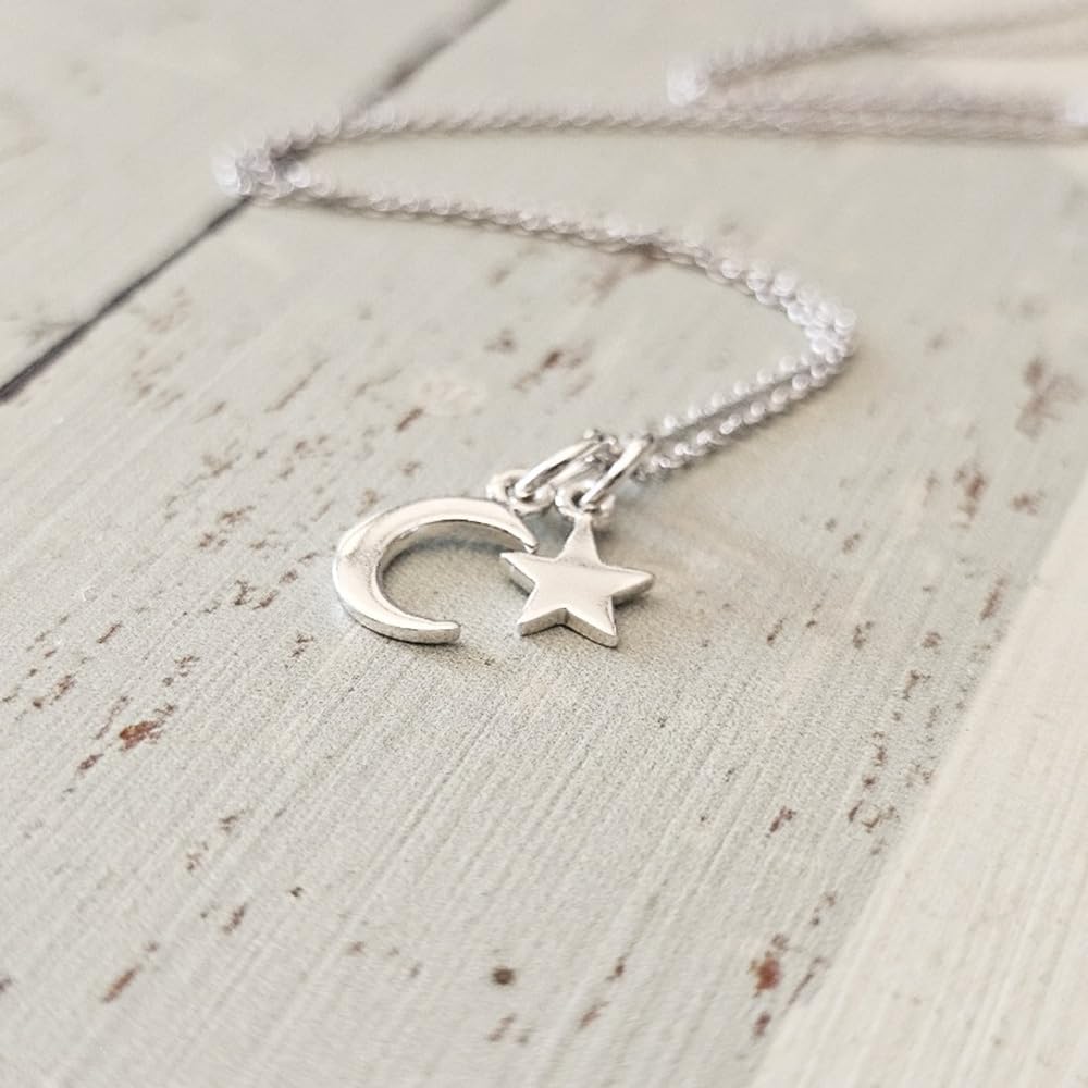Sterling Silver Tiny Crescent Moon and Star Charm Necklace, 18" - Image 4
