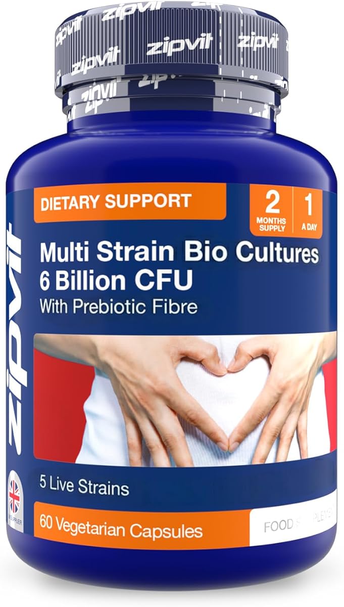 Zipvit Bio Cultures 6 Billion CFU with Prebiotic, Includes Lactobacillus & Bifidobacterium, 5 Live Strains, 60 Vegetarian Capsules, 2 Months Supply