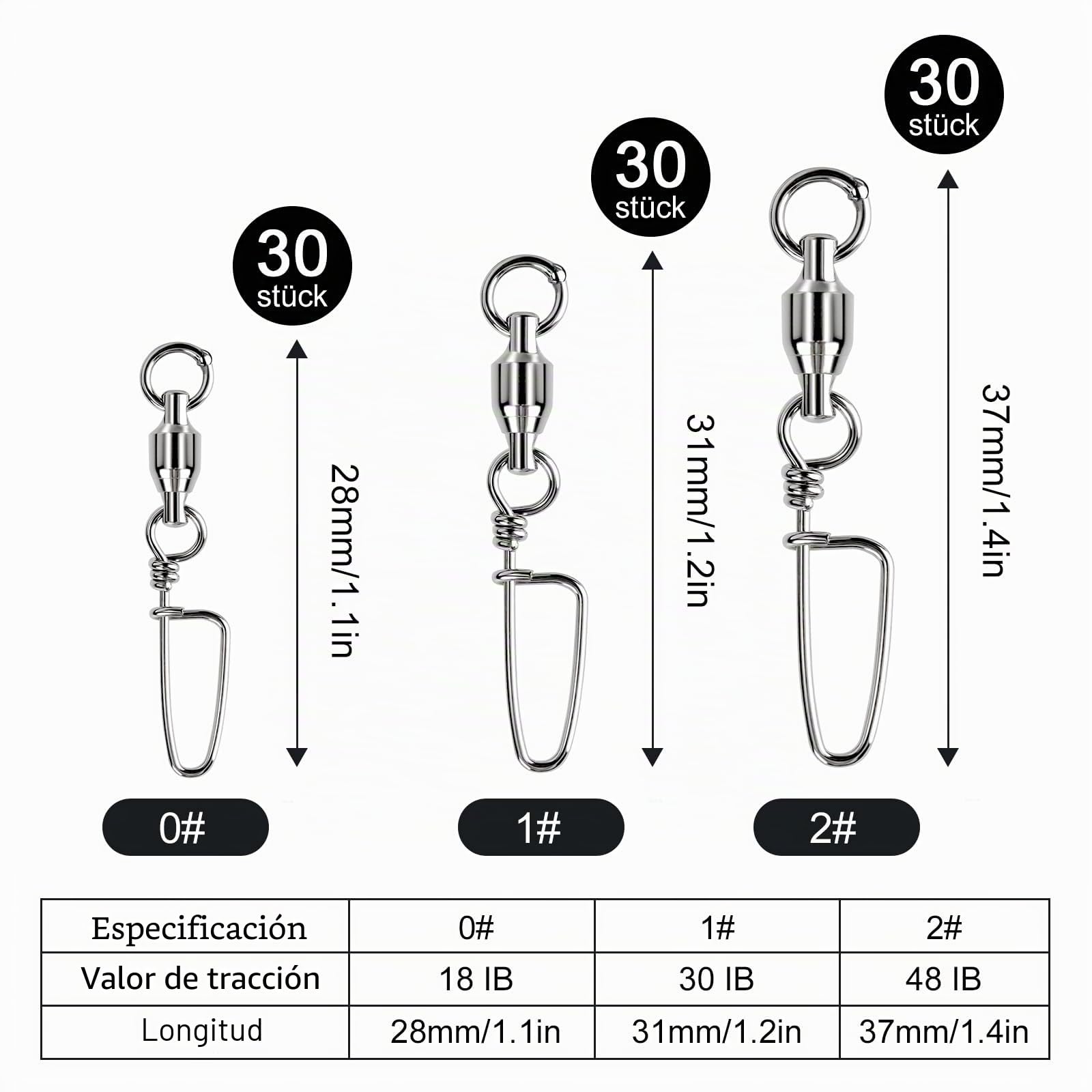 30 Piezas 0# Emerillones Imperdibles de Pesca con Coastlock Snap, con Giratorios Anillo de Acero Inoxidable Soldado, Clip Rápido 18lb para Agua Dulce y Salada (Cobre + Acero Inoxidable)