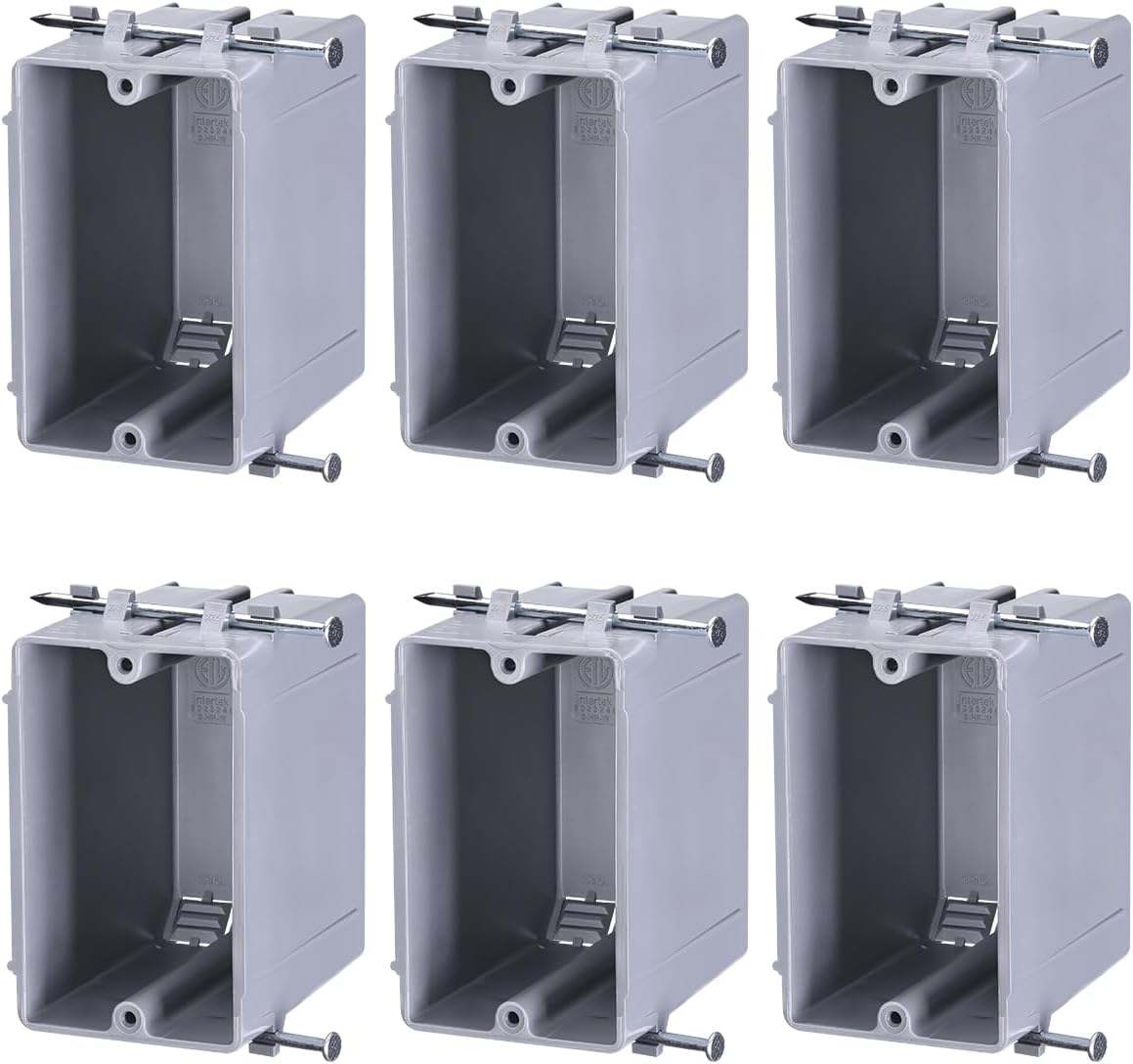 One Gang New Work Electrical Outlet Box, Ultra-deep 22.5 Cubic Inch Device Box, PVC Electrical Junction Box for Switch, GFCI, Step Light, ETL Listed, Gray, Pack of 6